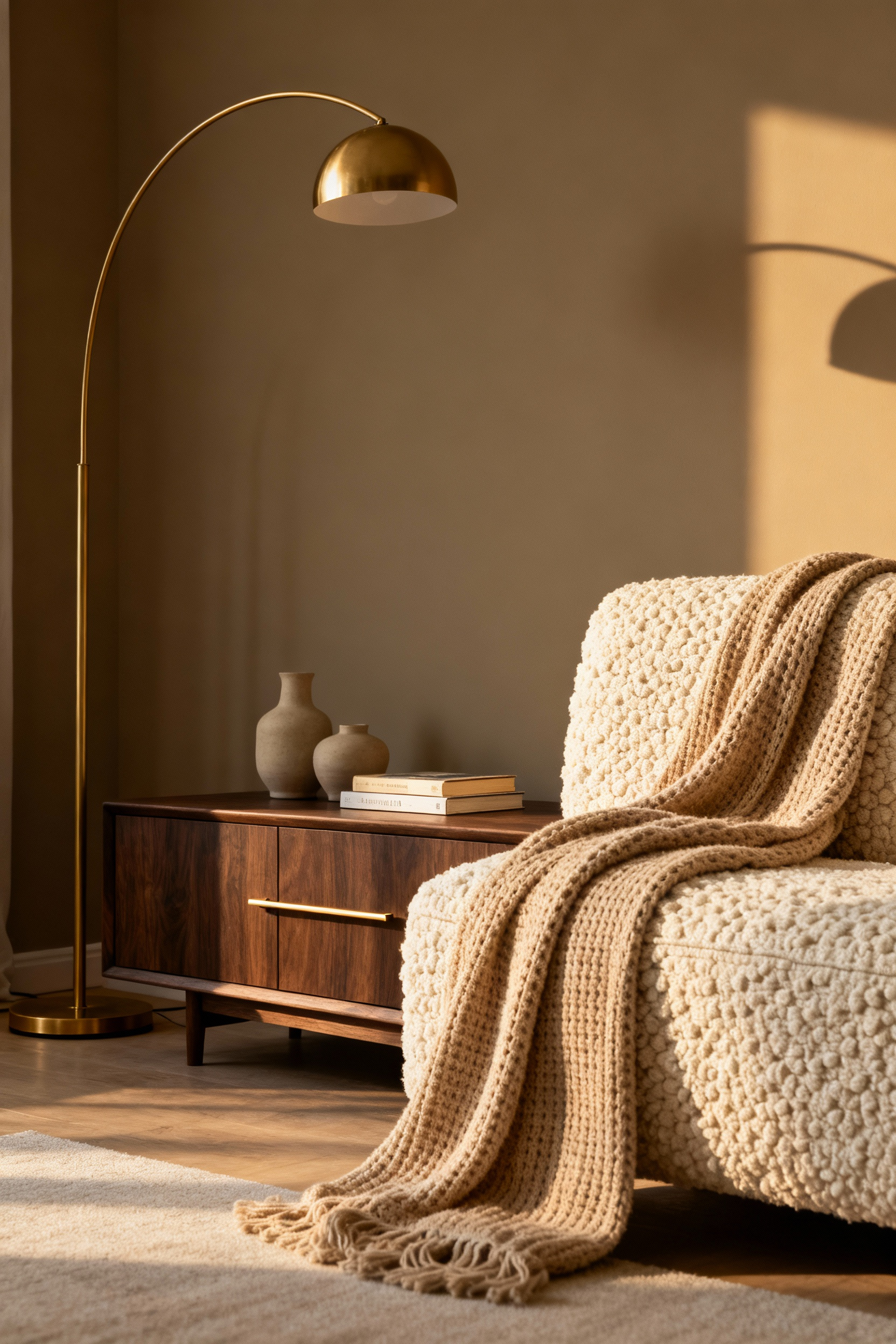 Cozy living room featuring a cream sofa and a walnut console table with matte brushed brass hardware accents, showcasing visual warmth through soft metallic finishes.