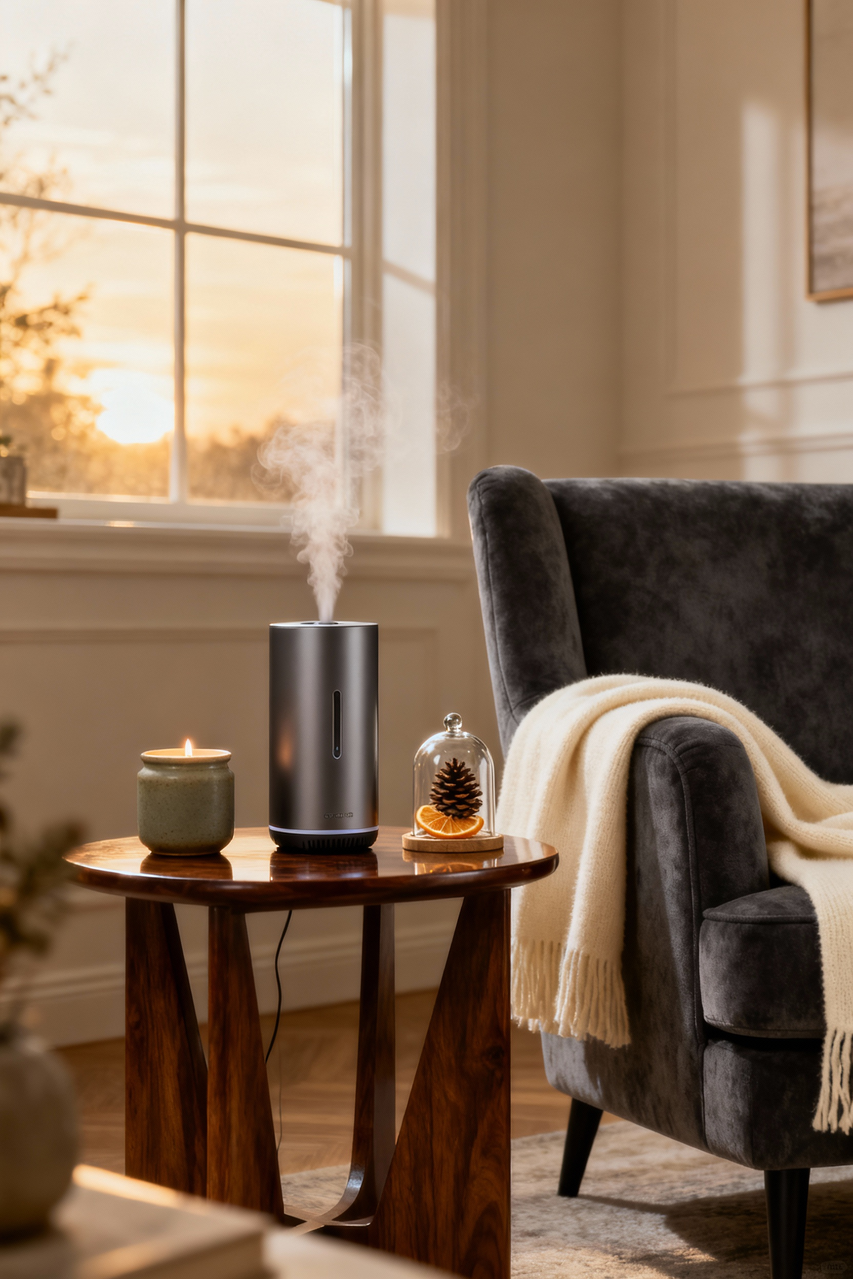 Cozy living room corner with a sophisticated essential oil diffuser, artisanal candle, and botanical elements, evoking warm, nostalgic scents for immersive comfort.