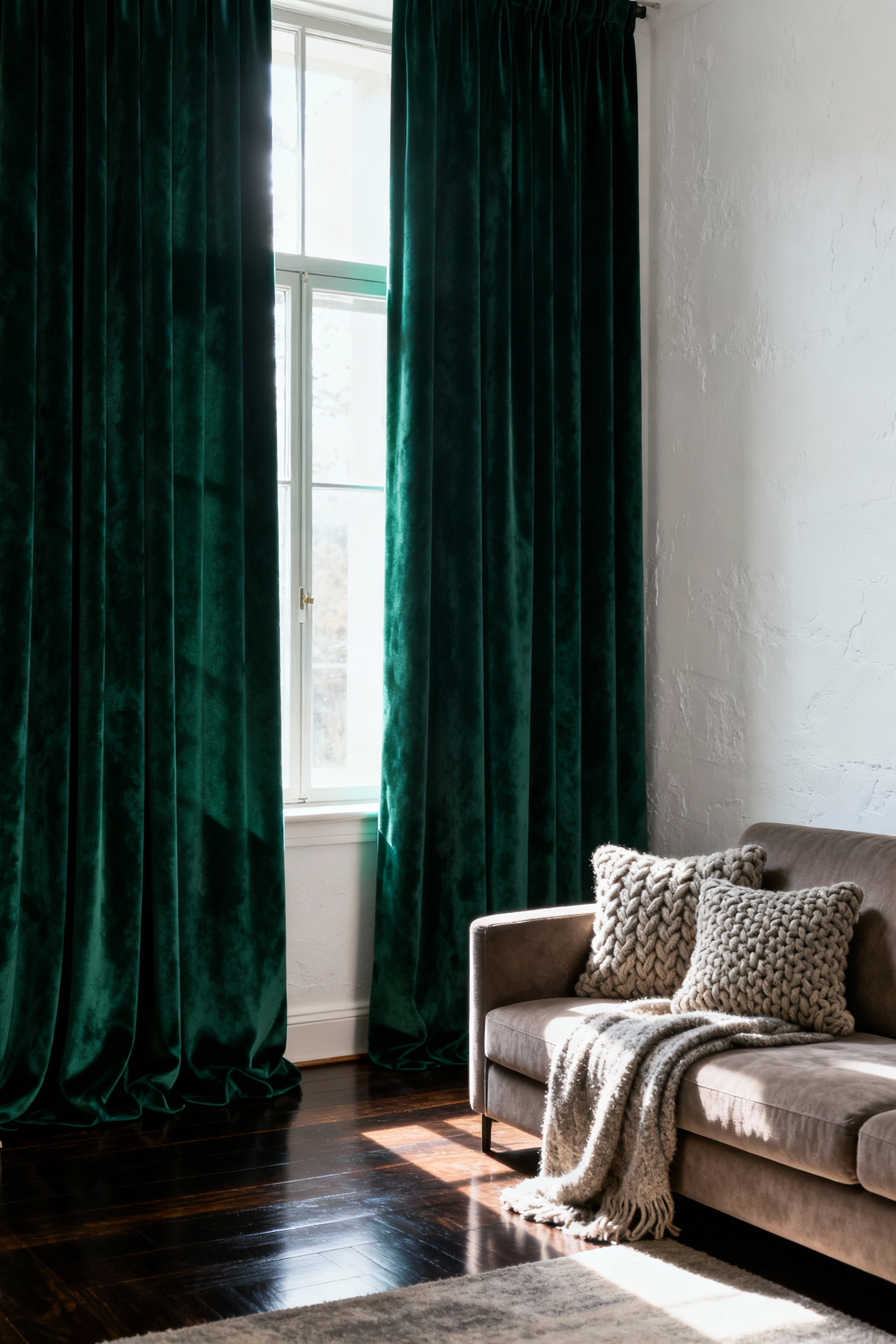 A cozy living room featuring thick, floor-to-ceiling emerald velvet drapes absorbing sound, contrasting with reflective hardwood floors and white walls.
