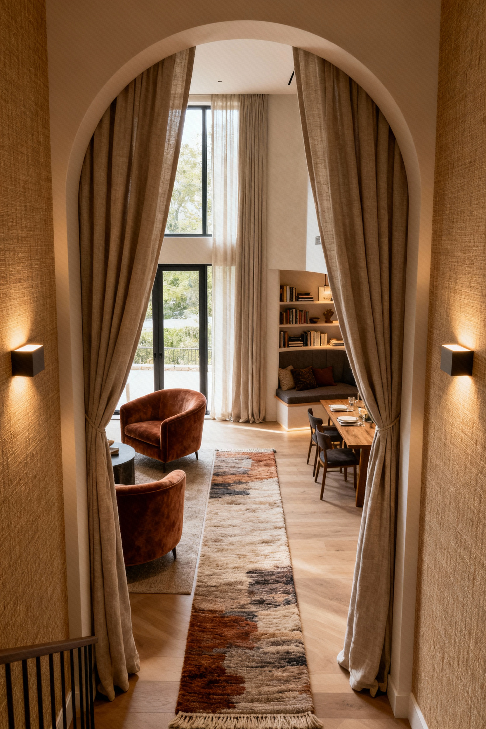 A cozy, beautifully designed arched transition zone between a living room and a reading nook in a home, featuring warm lighting, a plush wool runner, and textured walls, showcasing seamless interior flow.