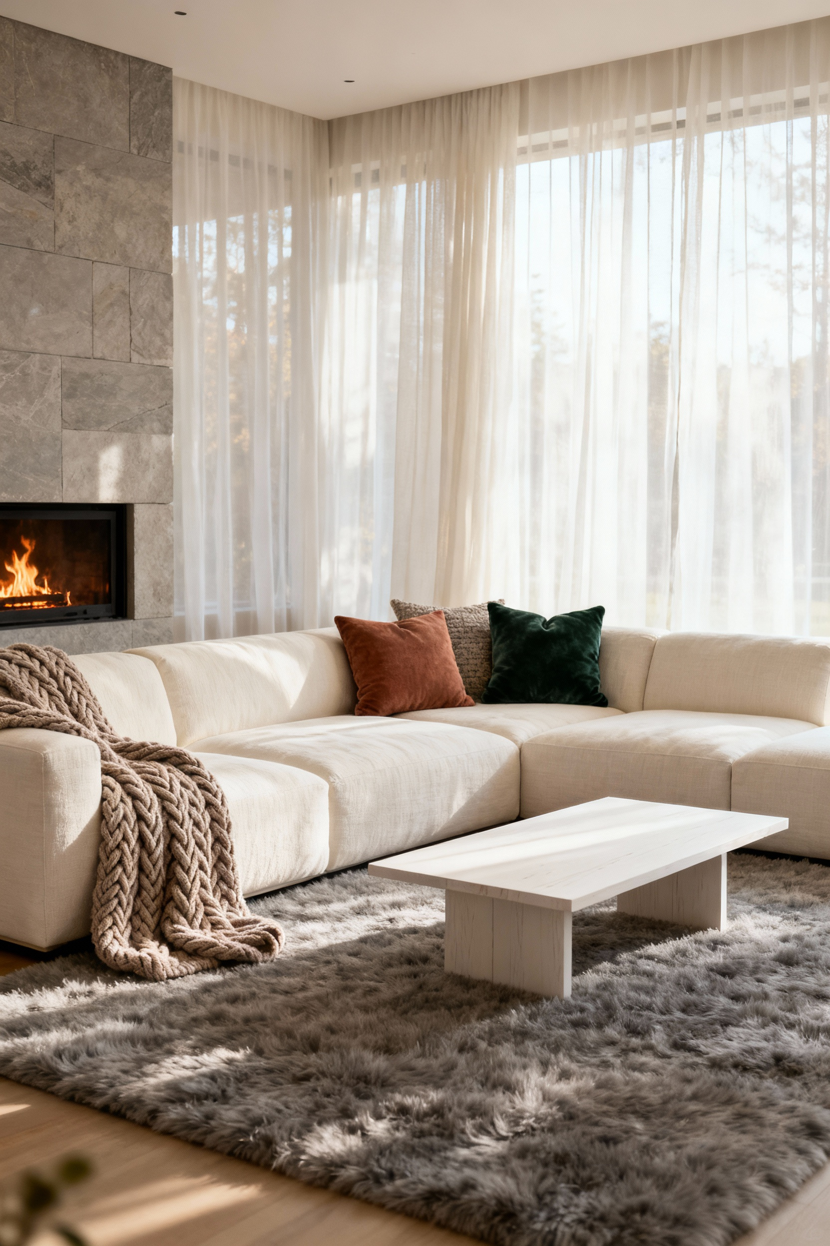 A cozy living room featuring an ivory modular sofa and soft gray rug, accented by a taupe throw blanket and seasonal pillows, illustrating a neutral base layer for fall-to-winter transitions.