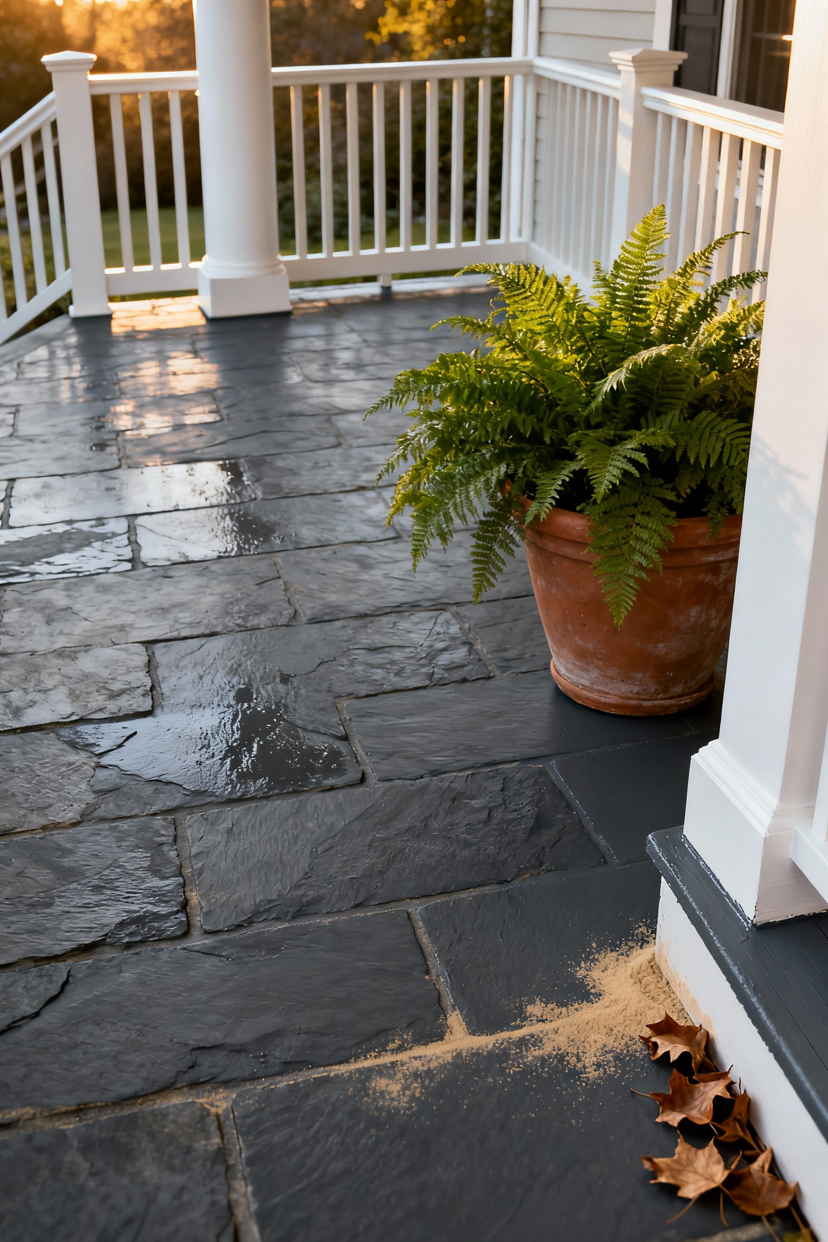 A deep charcoal slate gray painted porch floor hiding natural debris and mimicking natural stone adjacent to white house trim