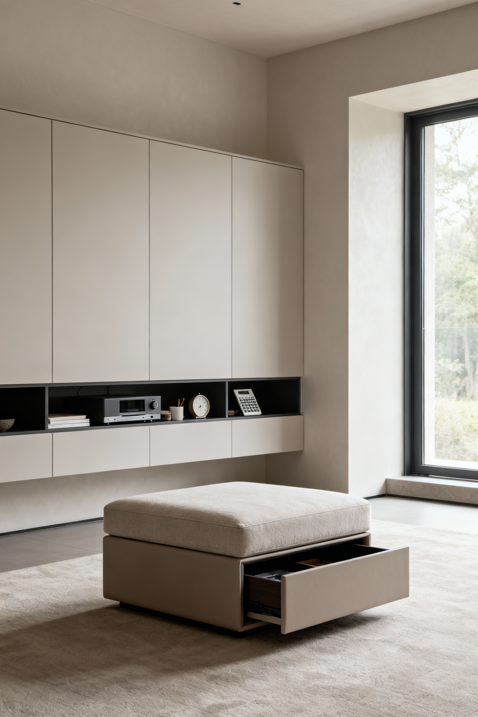 Modern living room with integrated discreet storage solutions, including flush built-in cabinetry and a storage ottoman, creating a visually clear and calm environment.