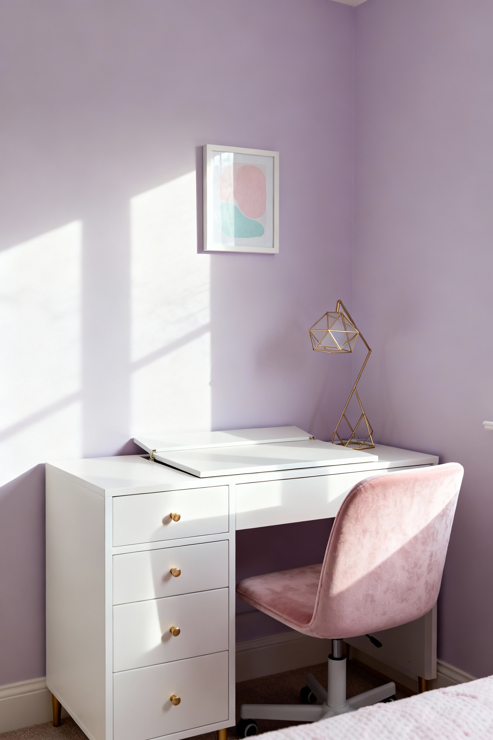 A functional dual-purpose vanity desk station made of matte white wood with integrated storage, paired with a pink velvet ergonomic chair in a modern small girl's bedroom.