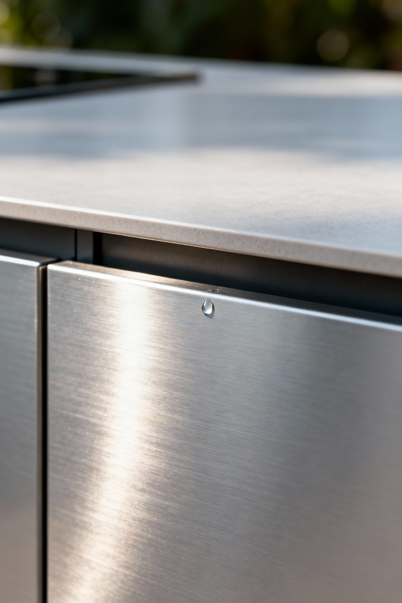 Close-up of a modern outdoor kitchen cabinet surface, showcasing a durable, gleaming UV-stabilized and scratch-resistant finish with a water droplet.