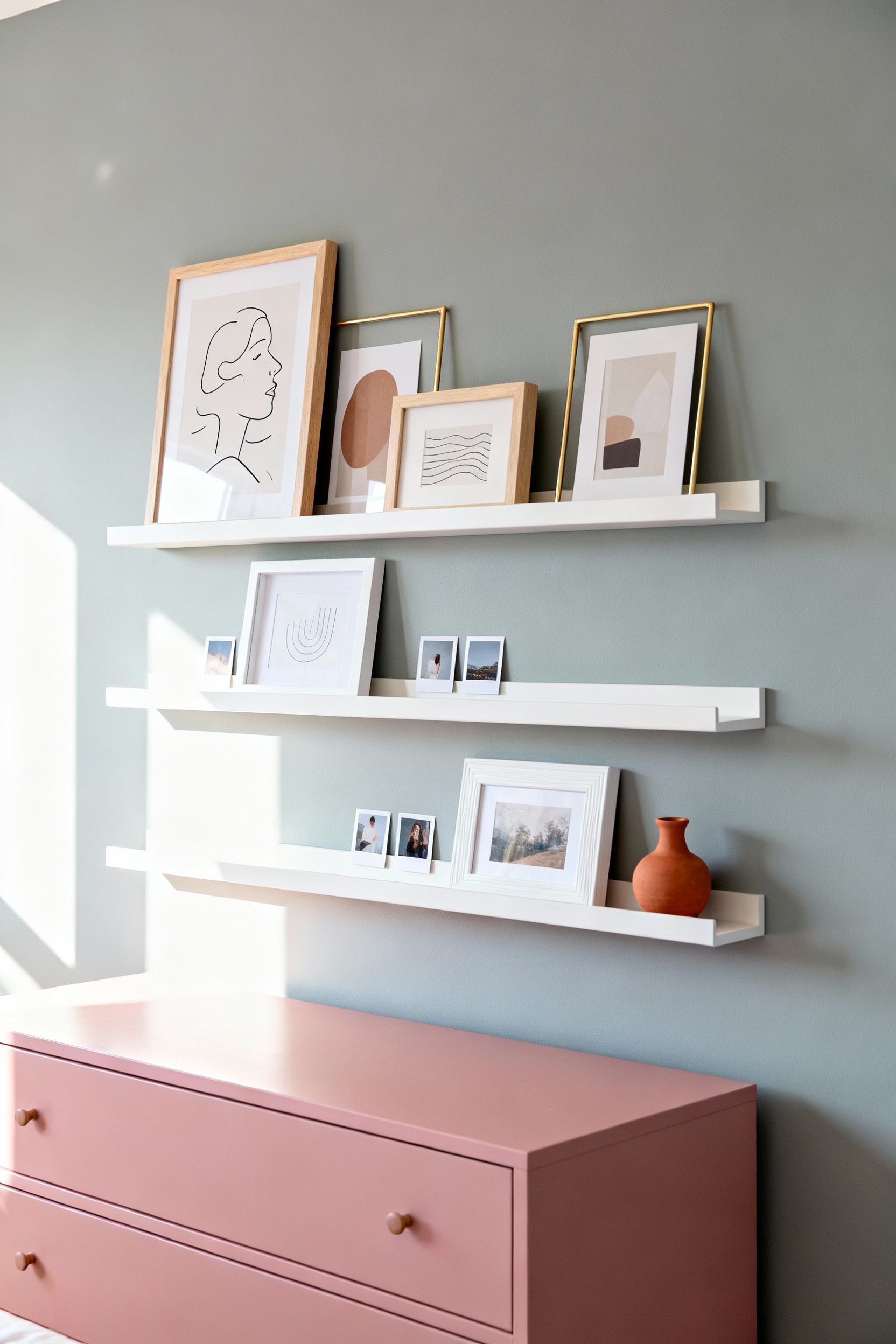 A photograph of a dynamic, asymmetrical gallery wall featuring white picture ledges holding layered frames, art prints, and small decor in a modern girl's bedroom.