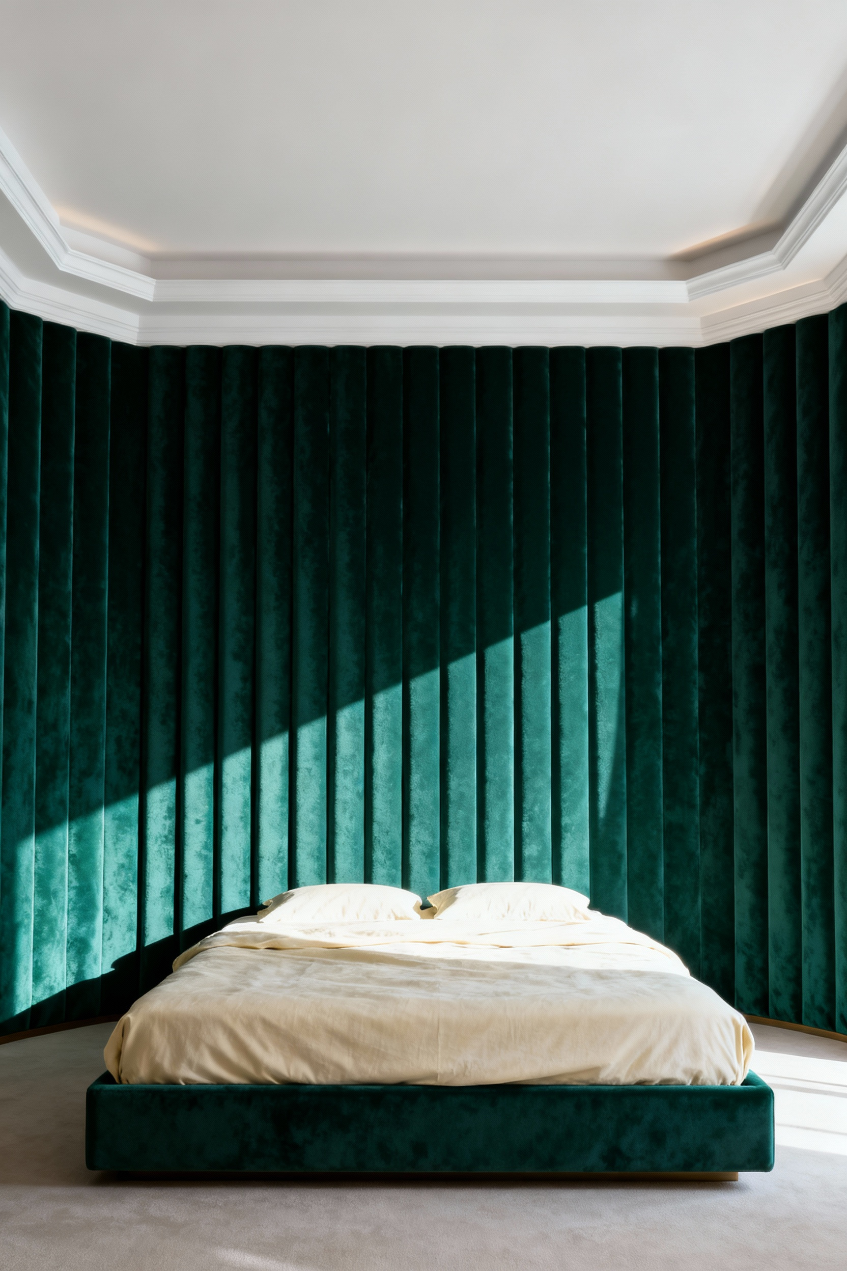 A modern bedroom featuring deep emerald green velvet fluting as a feature wall behind the bed, using vertical lines to enhance the perceived ceiling height and add rich tactile dimension to the bedroom wall decor.