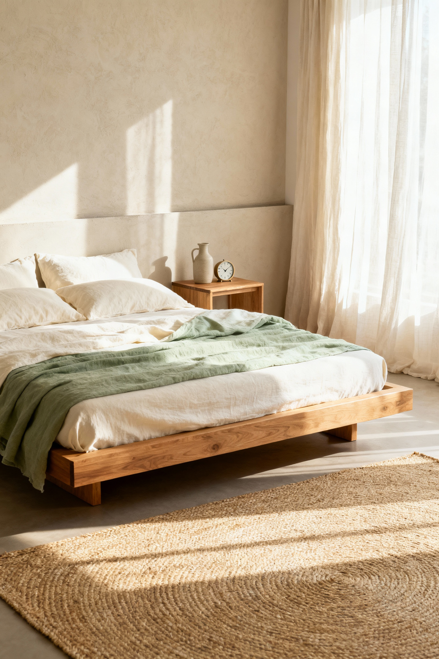 A serene minimalist bedroom featuring a solid oak platform bed intentionally pulled ten inches from the wall, illustrating an EMF-conscious layout focused on reducing exposure to internal electrical wiring.