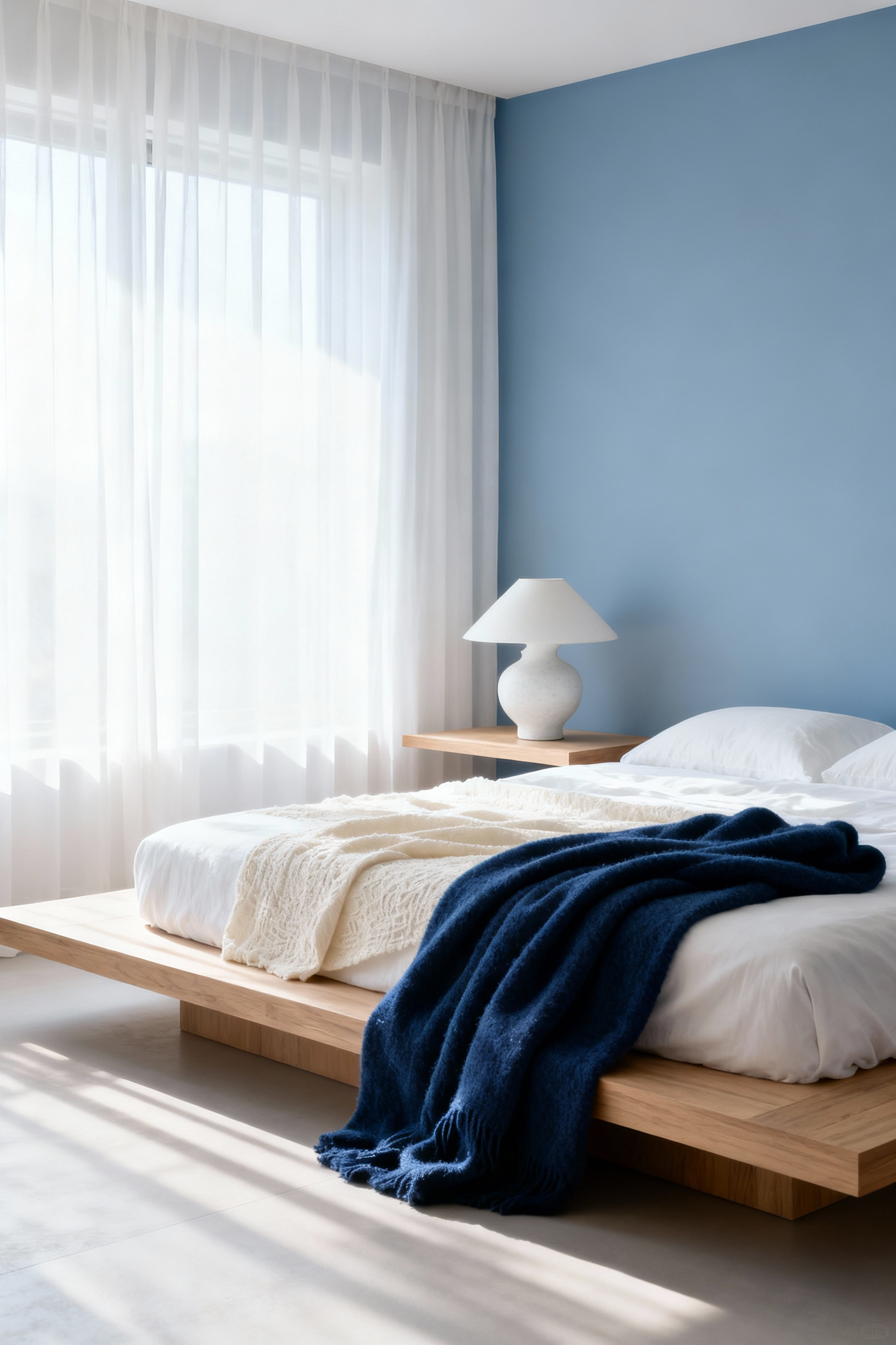 A serene minimalist bedroom featuring walls painted in a pale, misty blue and layered white linen bedding, accented by a folded navy blue throw blanket, illustrating Feng Shui principles for restorative sleep.