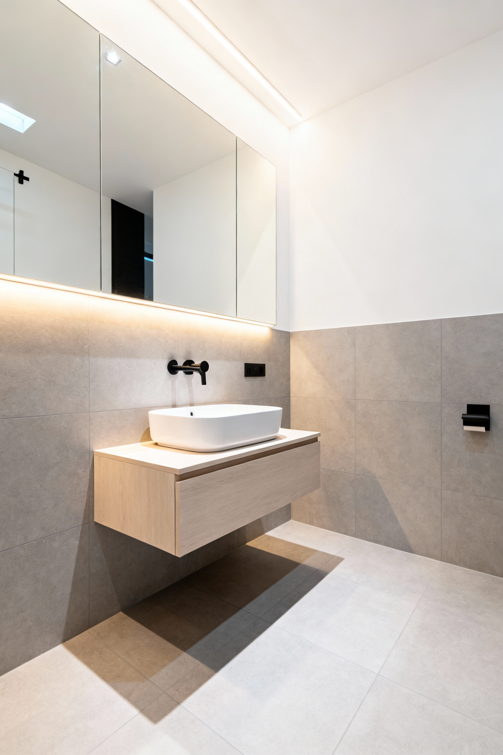 Small modern bathroom featuring a floating vanity and large-format gray floor tiles to maximize floor real estate and create visual continuity, making the space feel larger.