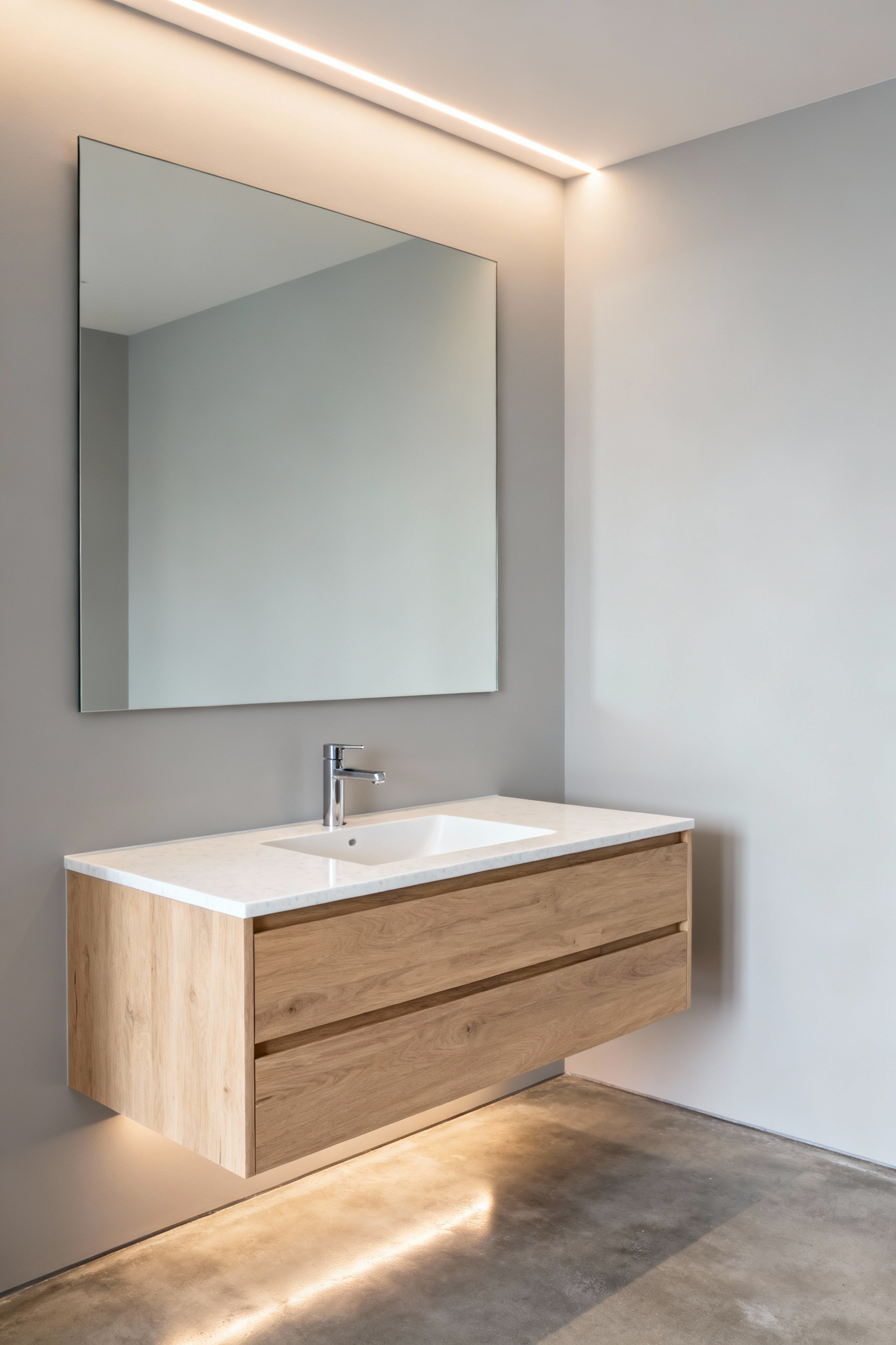 Modern bathroom with a minimalist natural oak floating vanity, white quartz countertop, wall-mounted chrome faucet, under-cabinet LED lighting, and a large frameless mirror, creating an expansive feel.