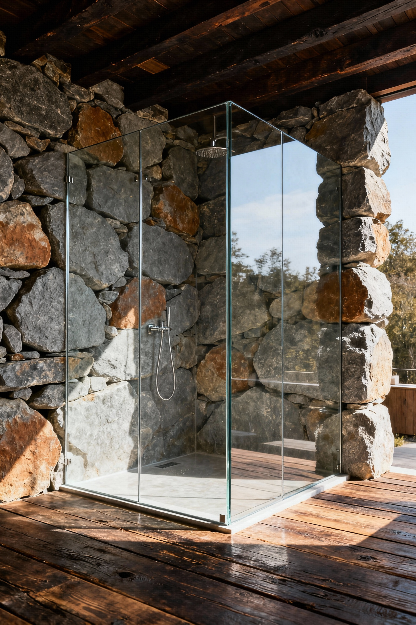 Frameless glass shower enclosure contrasting sharply with a rough-hewn stacked river rock wall in a luxurious rustic bathroom remodel.