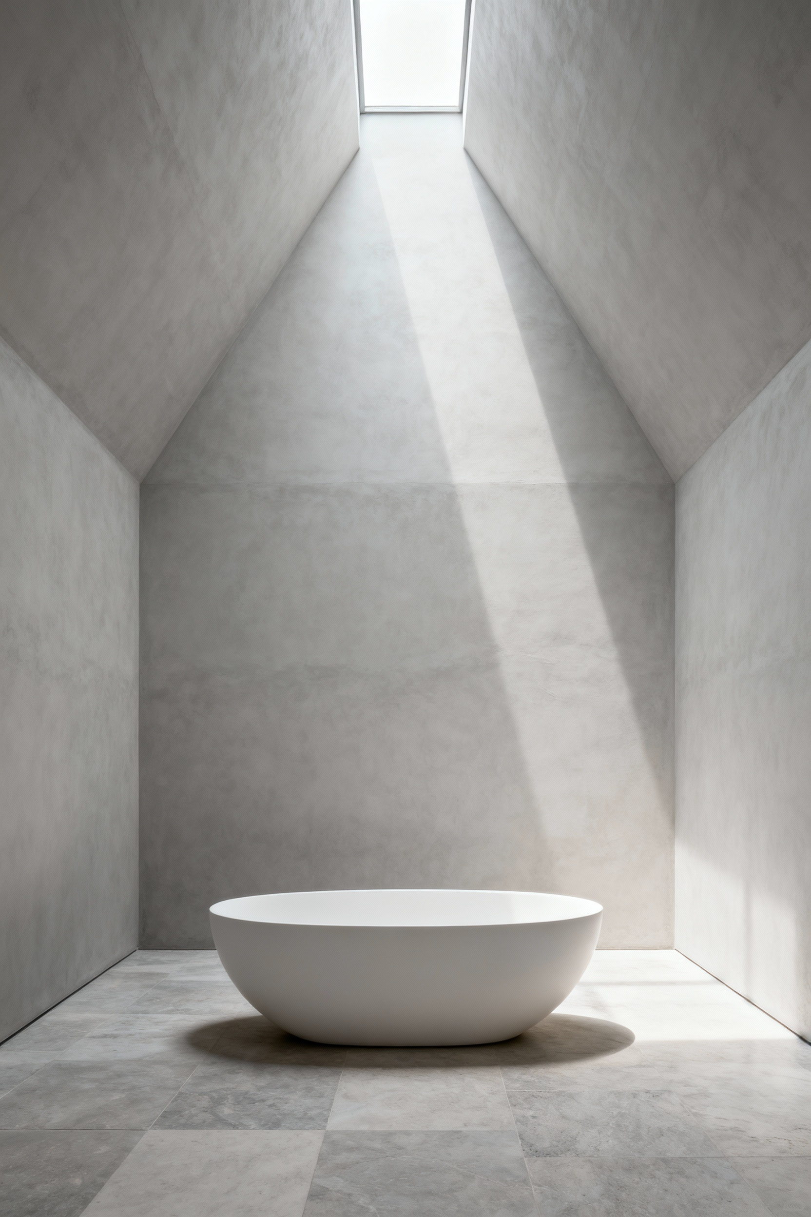 Centered matte white freestanding egg-shaped tub in a vast, minimalist bathroom with polished concrete walls, emphasizing isolation and sculptural form under soft diffused light.