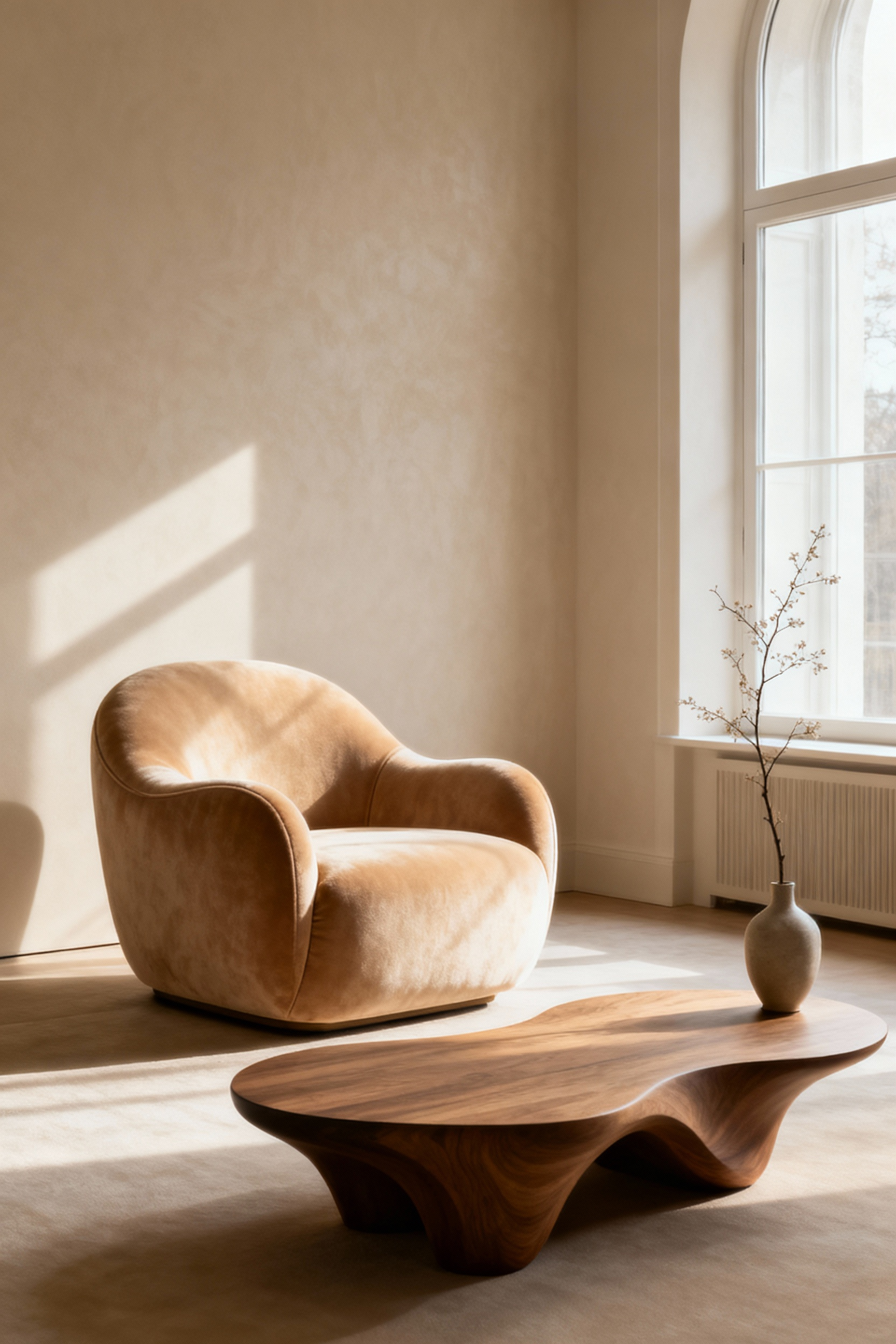 Serene living room with a softly curved armchair and organic coffee table, showcasing the emotional comfort of thoughtful furniture forms and silhouettes.