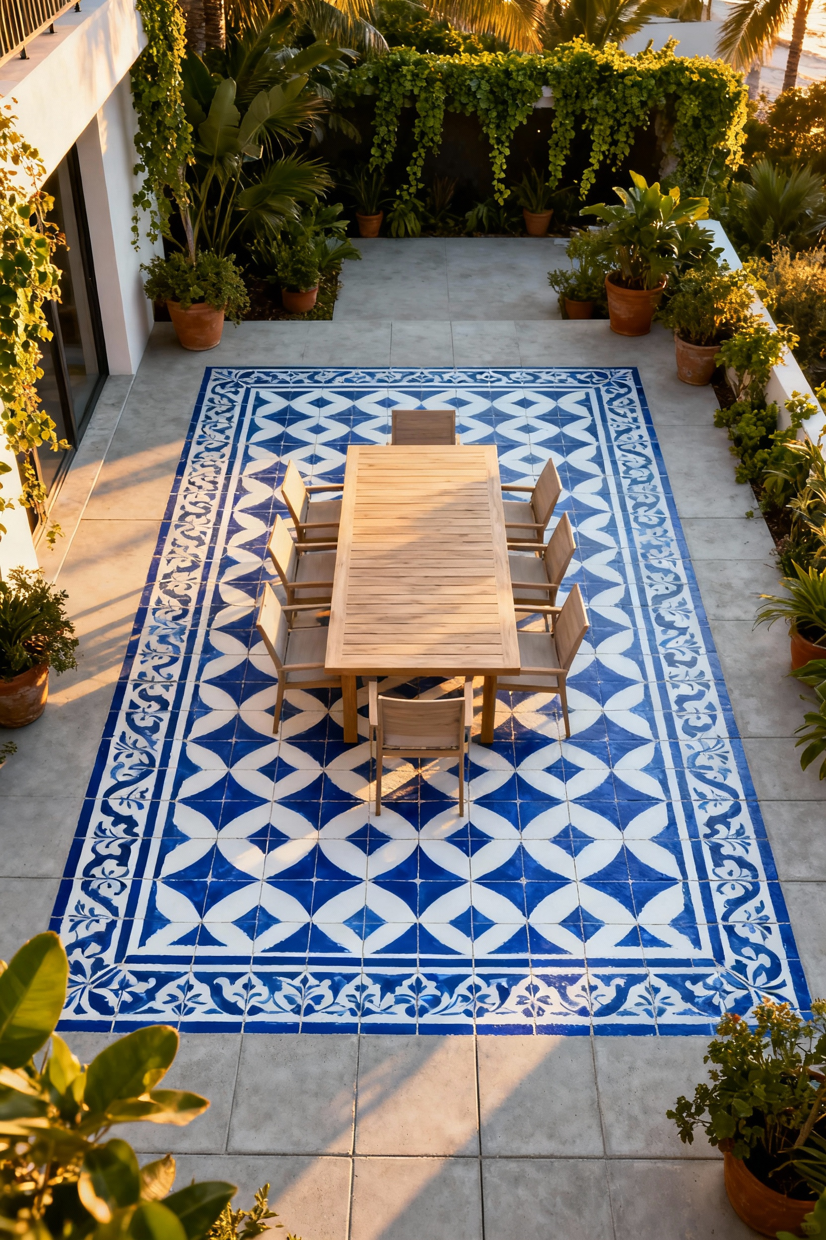 An open patio features a large stenciled cobalt blue and white geometric Azulejos rug beneath a modern teak dining set, successfully anchoring the furniture and defining the functional outdoor room.
