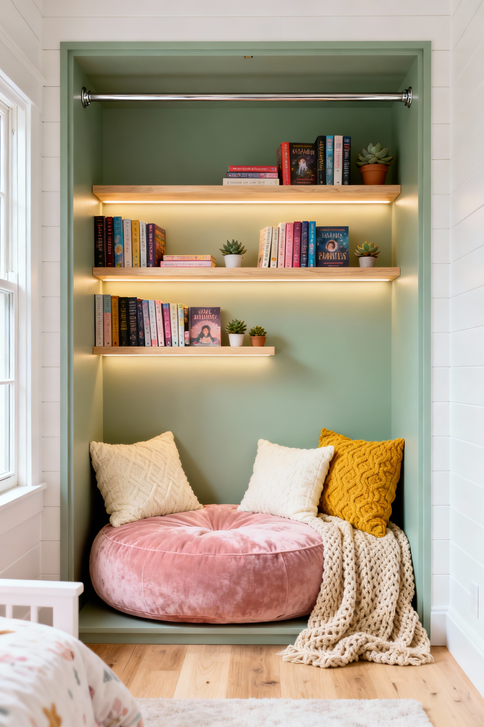 Shape-shifting reading nook converted from a built-in closet in a girl's bedroom, featuring sage green walls, blush pink cushion, built-in shelves, and a visible chrome clothes rail indicating adaptability.