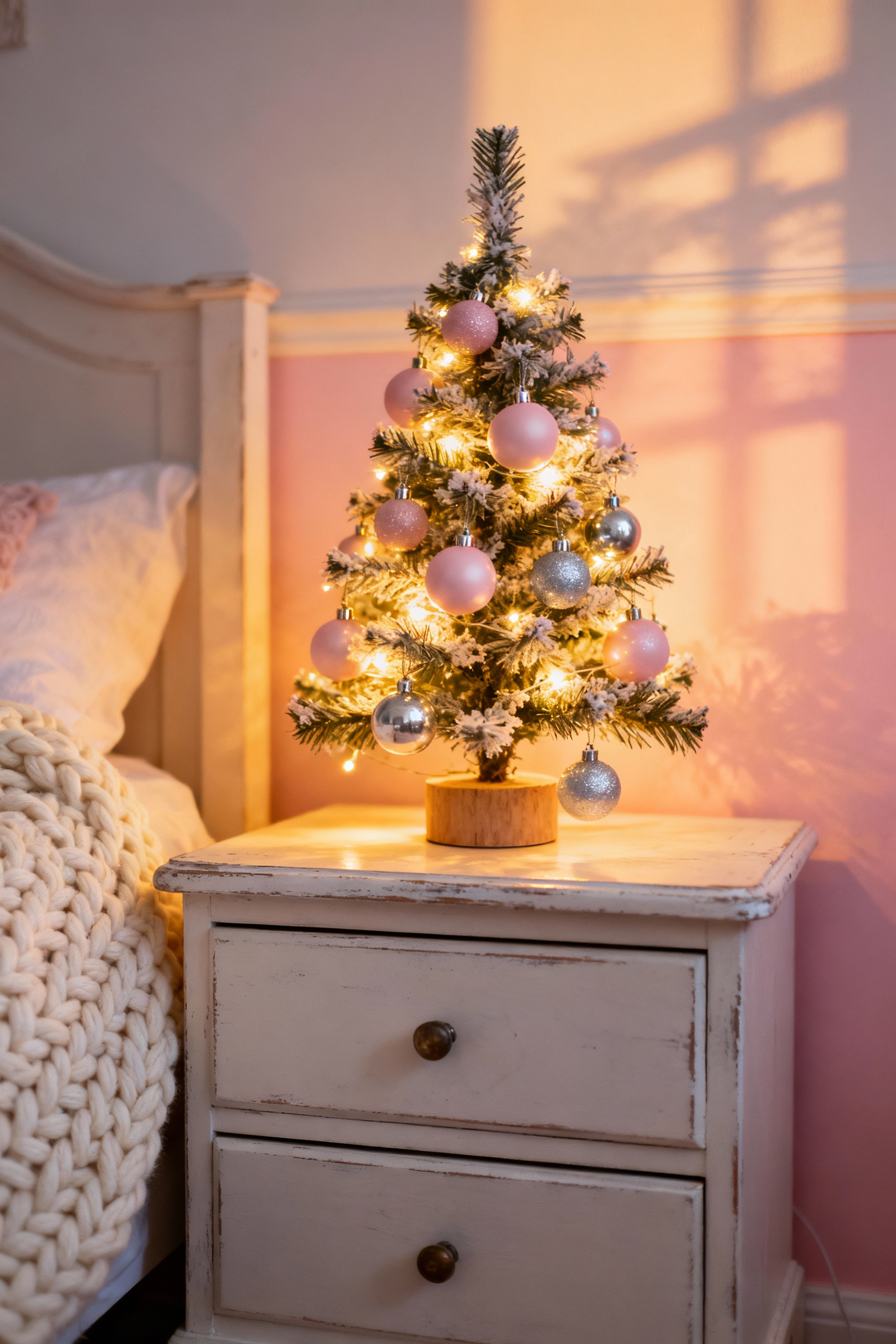 A cozy, festive girl's bedroom featuring a small, decorated Christmas mini-tree placed on a white dresser, illuminated by warm battery-operated lights, demonstrating holiday bedroom decor for girls.