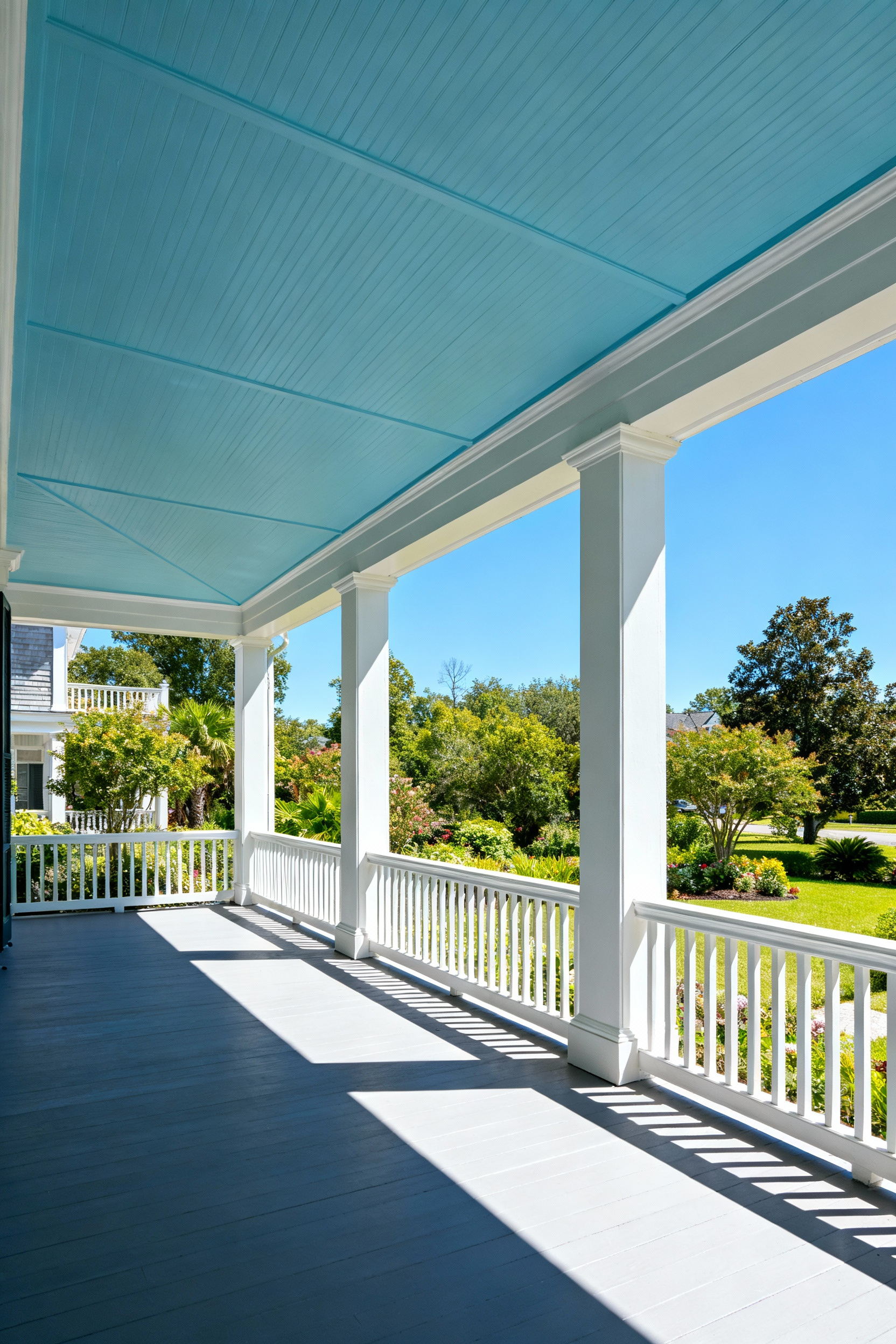 A photograph of a wide, traditional Southern porch featuring a ceiling painted in a pale Haint Blue shade, designed to visually expand the space and connect the covered shelter to the open sky.