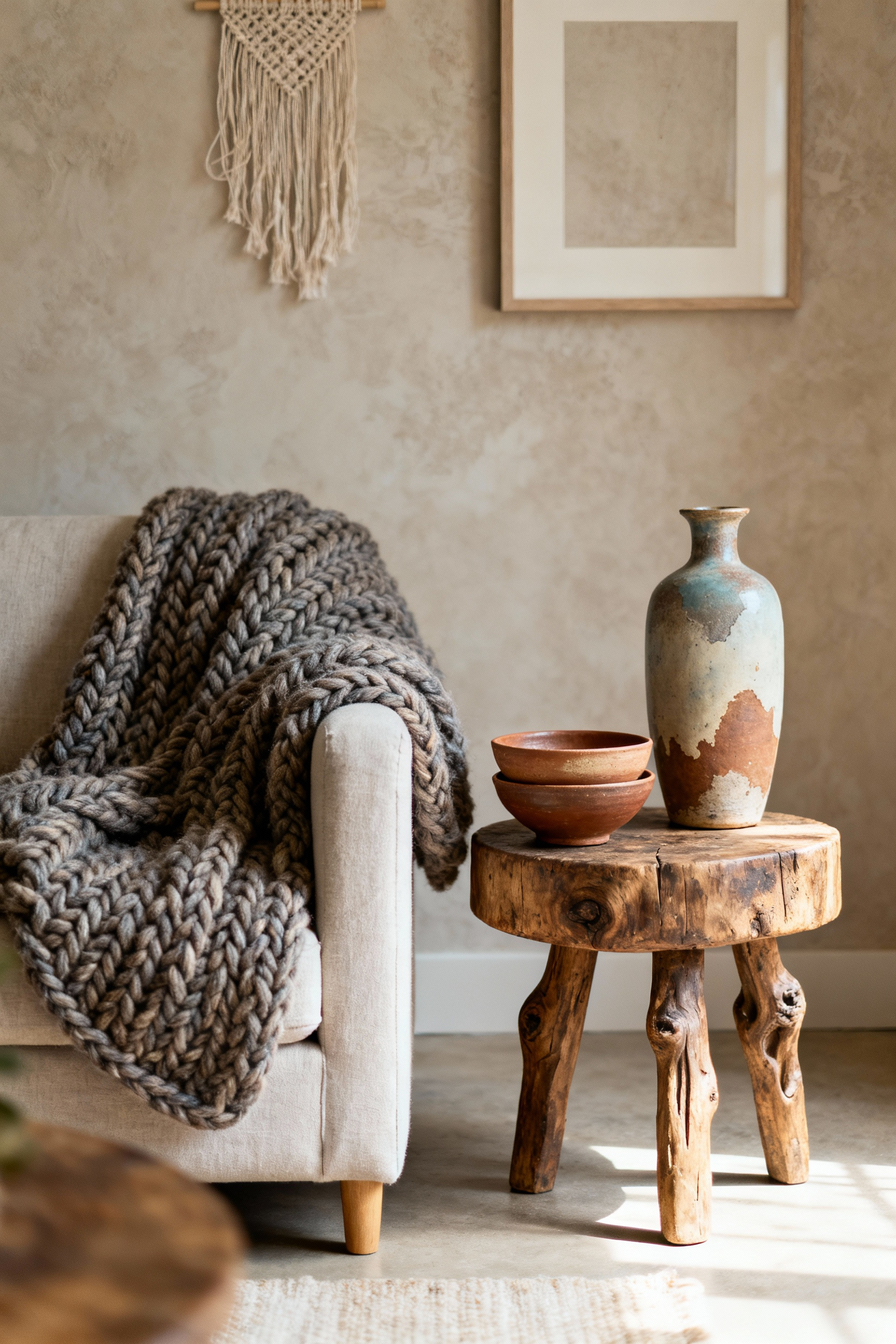 A cozy living room featuring a corner with a unique handcrafted ceramic vase, a chunky knitted throw, and a wooden side table, highlighting artisan decor.