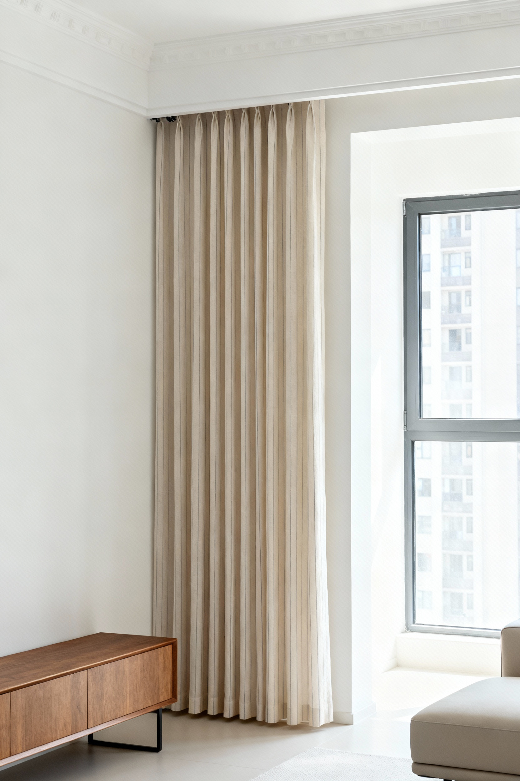 A visually elongated apartment living room featuring floor-to-ceiling pale striped linen curtains hung from a rod mounted just below the crown molding to create the illusion of high ceilings.