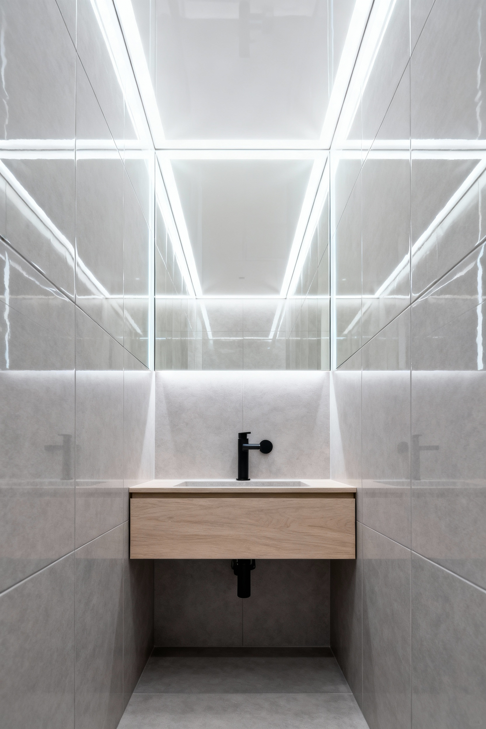 Architectural photograph of a small, modern bathroom featuring a brilliant high-gloss white ceiling that reflects the light gray tiled walls below, creating an illusion of exceptional vertical height and airiness.