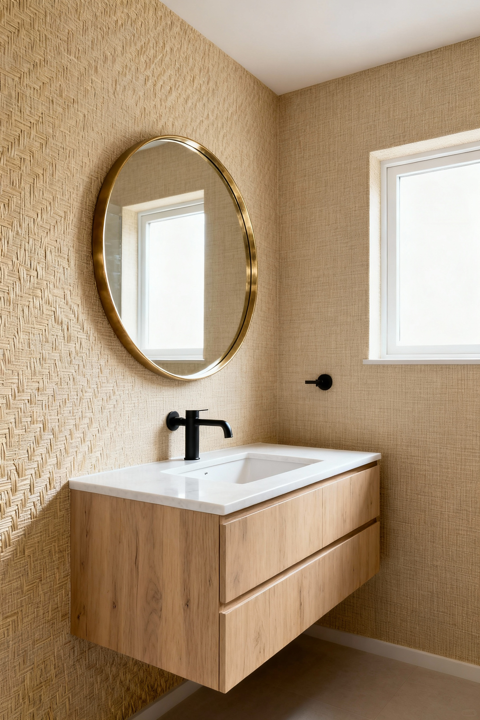 A serene bathroom featuring walls covered in warm beige, realistic faux grasscloth vinyl wallpaper above a white oak floating vanity, demonstrating a woven look that is highly moisture-resistant.