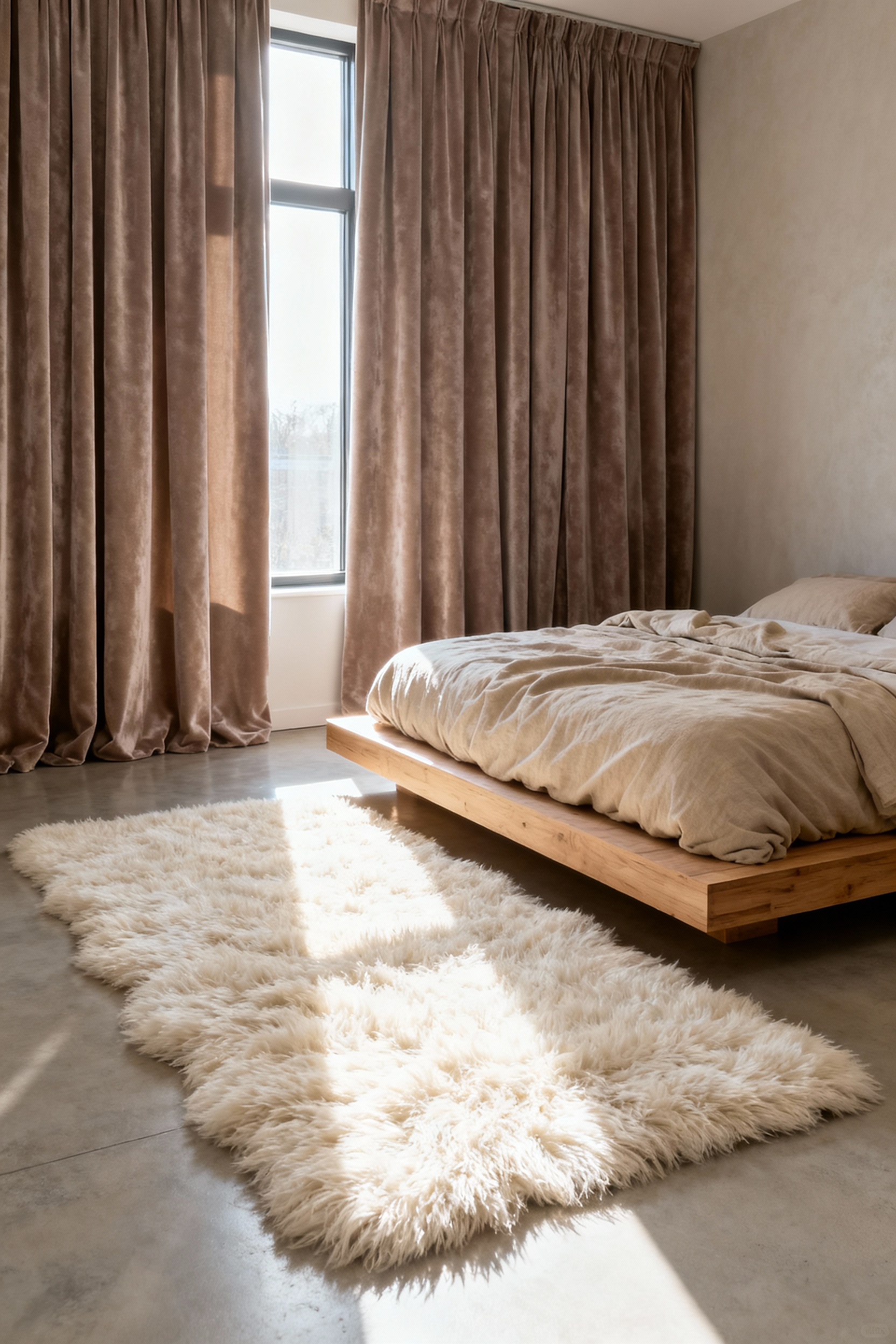 Wide-angle photograph of a tranquil bedroom interior showcasing an oversized, high-pile wool rug and heavy, sound-dampening velvet drapes used for acoustic softening.