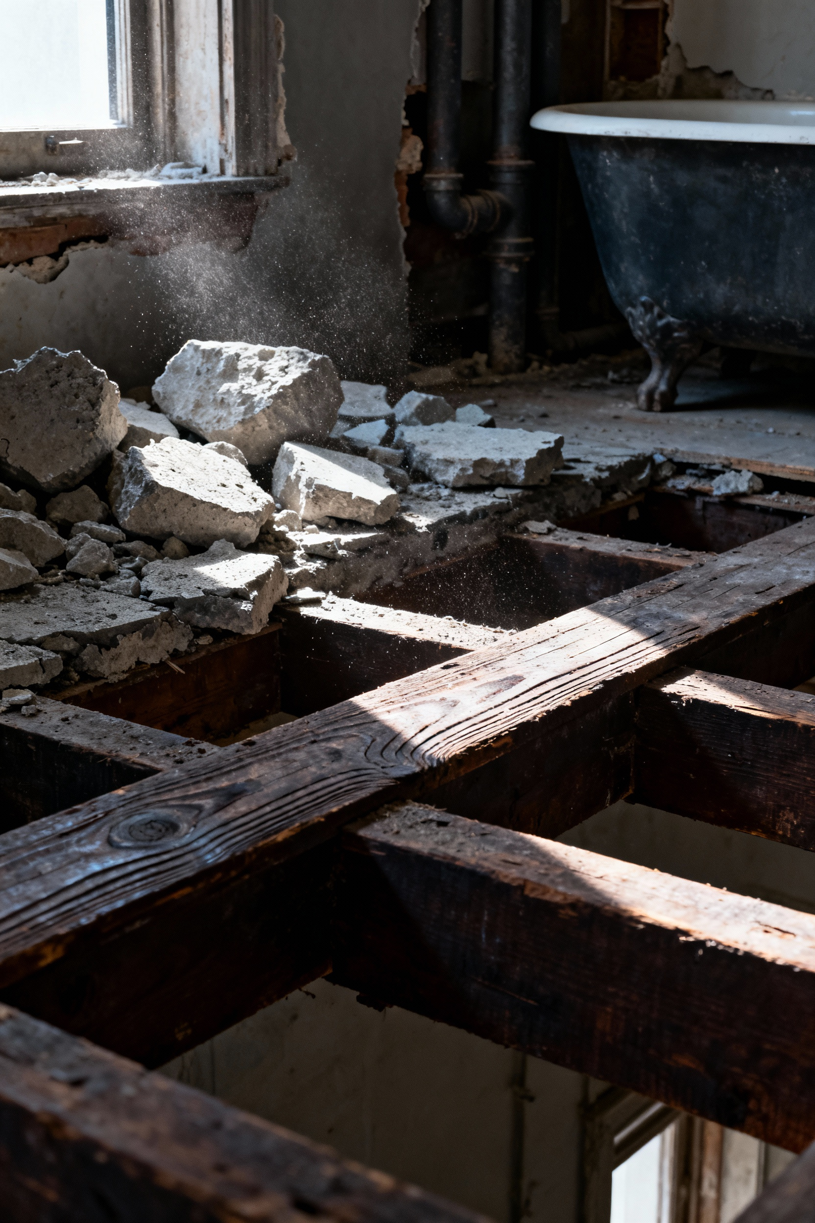 Structural view of a small historic row house bathroom renovation showing exposed, stressed wooden floor joists and the heavy remnants of a concrete slab supporting old cast iron fixtures, alongside outdated galvanized plumbing.