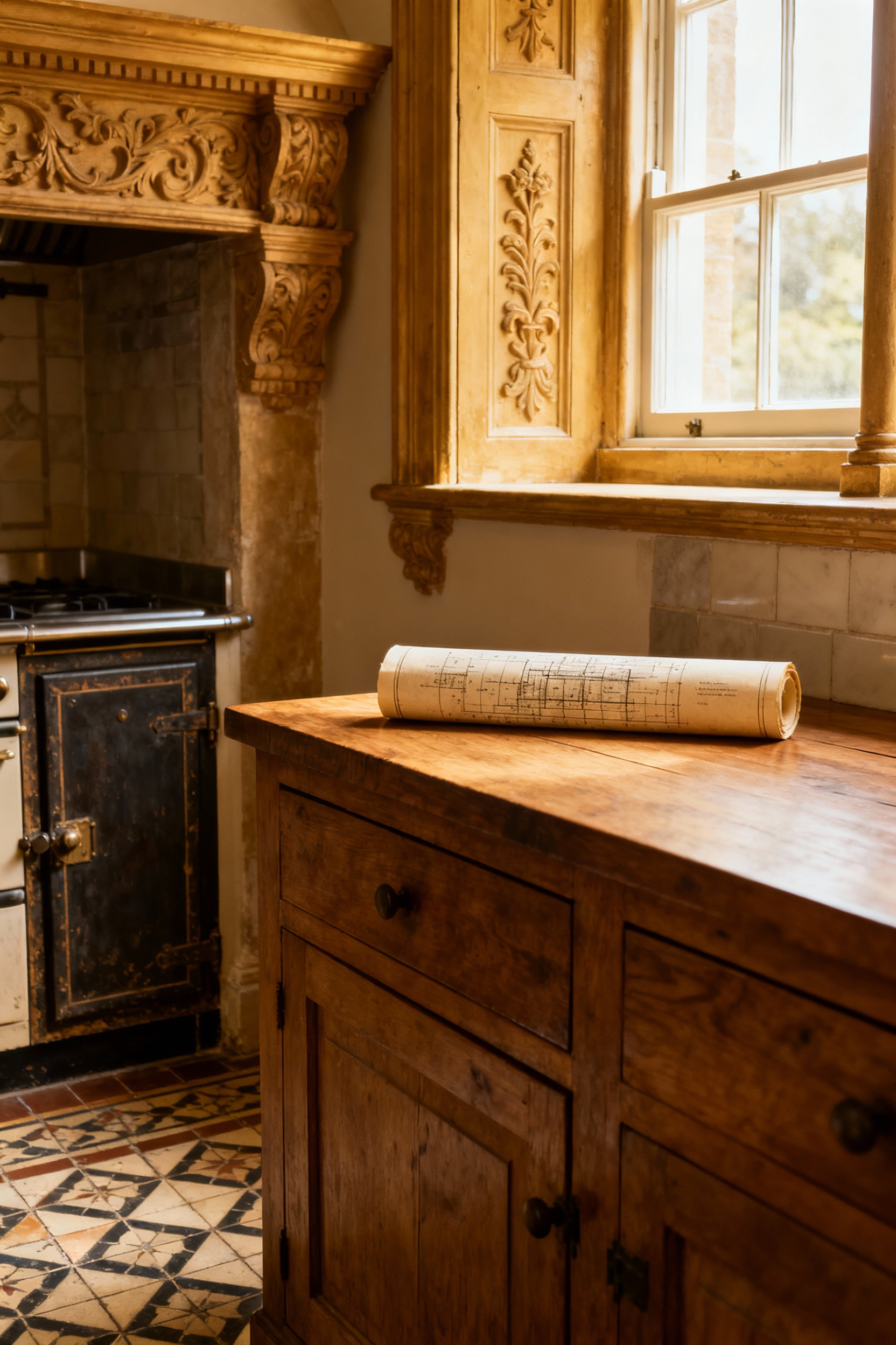Close-up of a preserved historic kitchen showing hand-carved millwork, original tile flooring, and a subtly placed antique blueprint, symbolizing the discovery of period-specific architectural details and design history for a renovation.