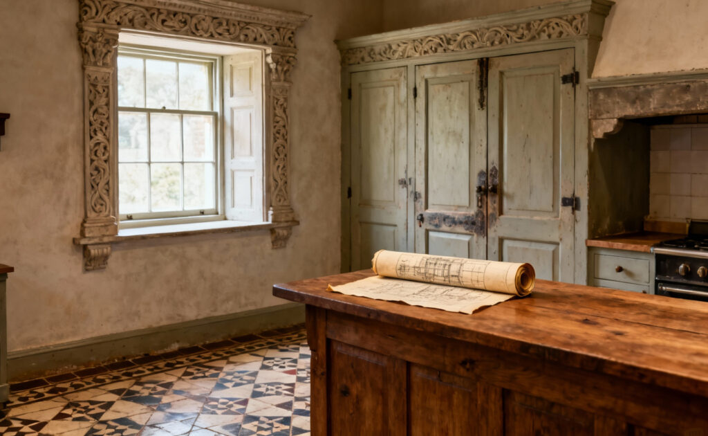 Close-up of a preserved historic kitchen showing hand-carved millwork, original tile flooring, and a subtly placed antique blueprint, symbolizing the discovery of period-specific architectural details and design history for a renovation.
