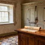 Close-up of a preserved historic kitchen showing hand-carved millwork, original tile flooring, and a subtly placed antique blueprint, symbolizing the discovery of period-specific architectural details and design history for a renovation.