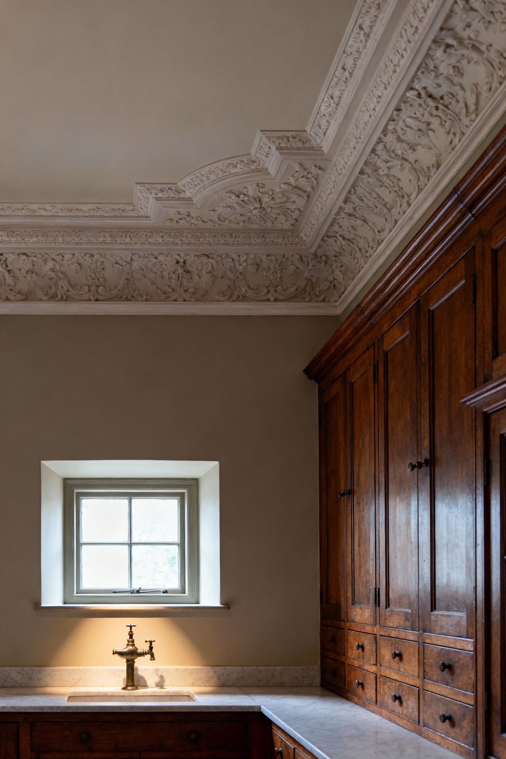 A well-maintained historic kitchen featuring original plasterwork, rich wooden cabinetry, and an antique plumbing fixture, emphasizing proactive maintenance and material preservation.