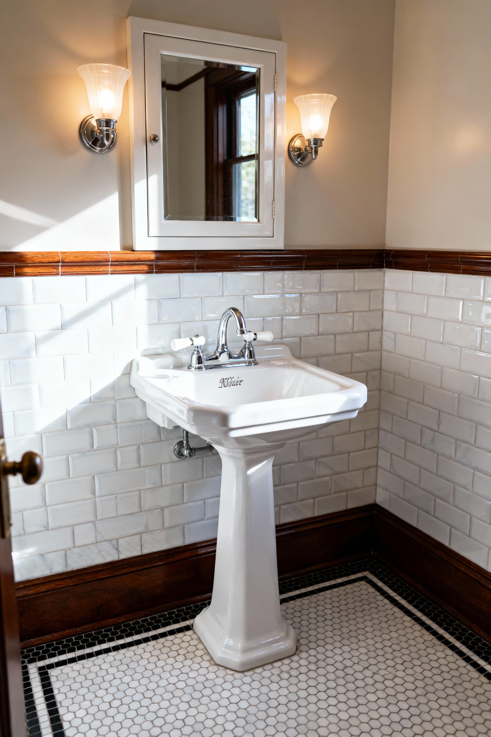 Small 1920s-style historic bathroom featuring a white pedestal sink, subway tile walls, and a chrome bridge faucet with period-appropriate ceramic accents, illustrating modern function in a preserved design footprint.
