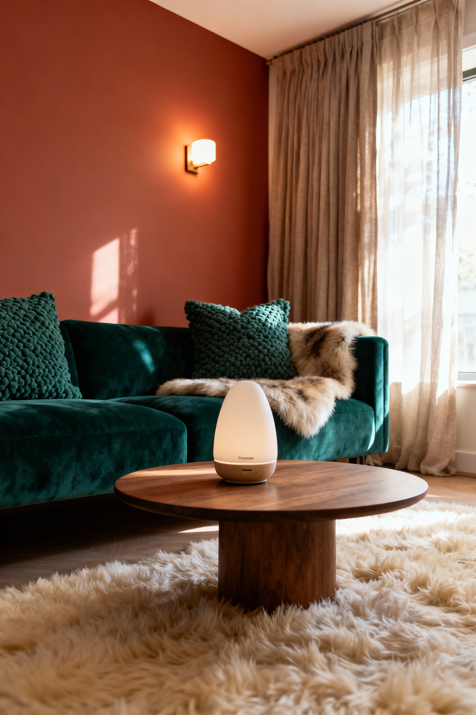 A serene cozy living room with warm ambient lighting, an emerald velvet sofa, textured cushions, a sheepskin throw, a ceramic essential oil diffuser, a thick wool rug, terracotta walls, and soft filtered natural light, embodying holistic well-being.