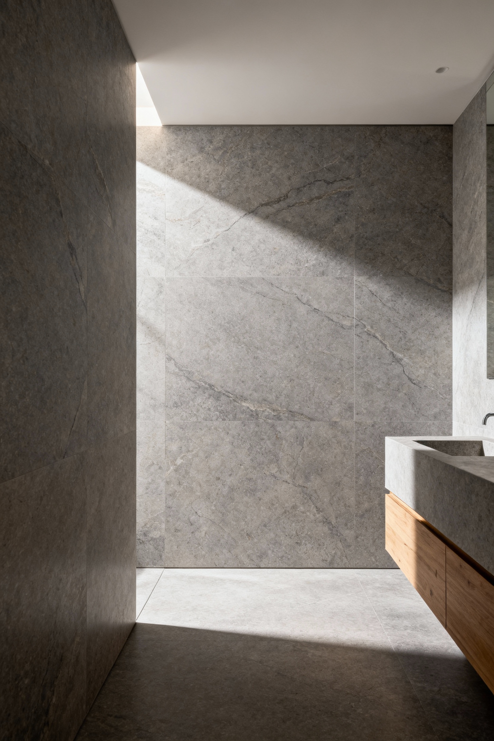 Minimalistic bathroom featuring large, seamless slabs of honed gray marble with a matte, velvety texture and a floating light oak vanity, emphasizing tactile finish over visual glare.