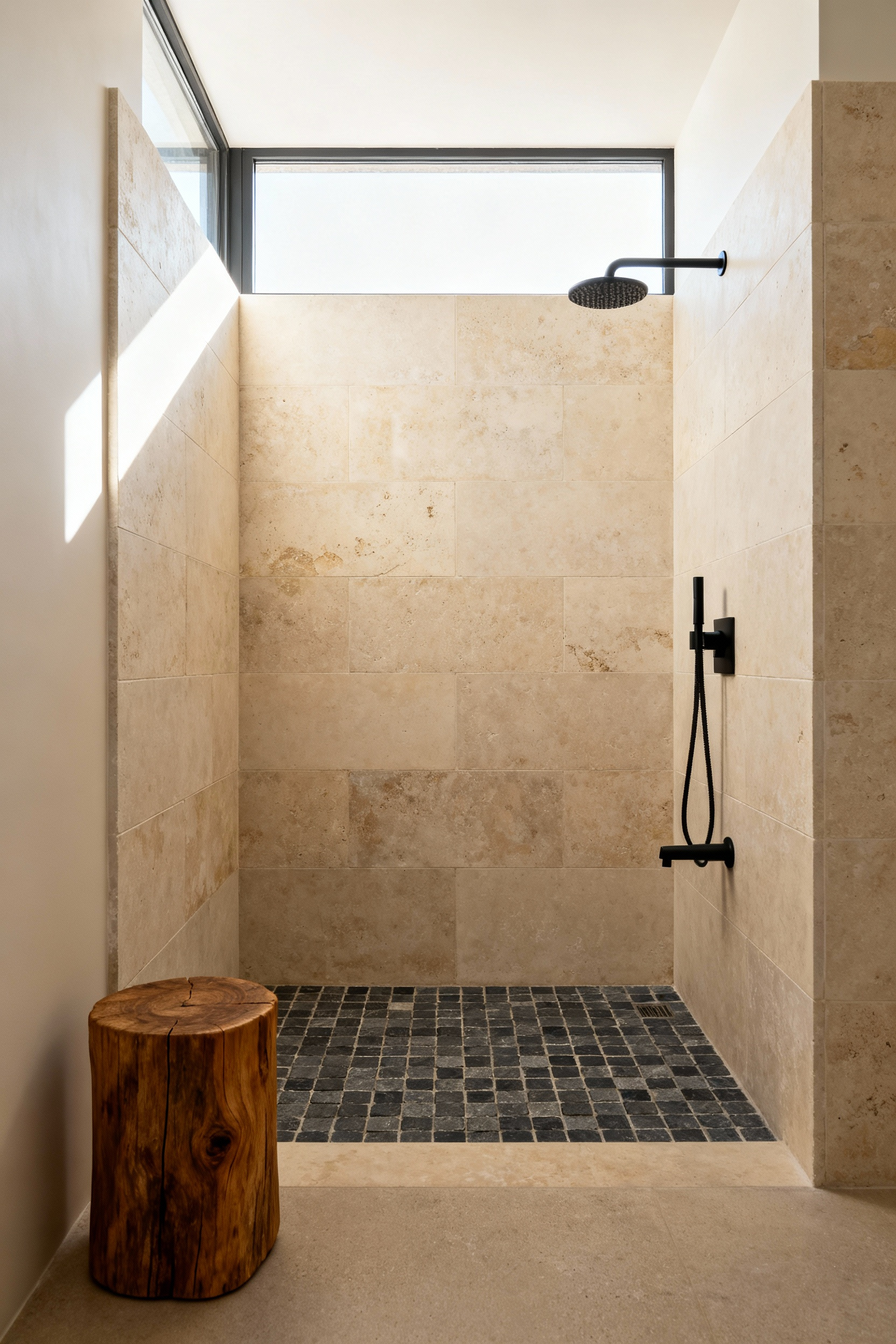 Rustic walk-in shower with honed cream travertine walls and contrasting dark grey honed slate mosaic flooring, illustrating the Patina Principle in natural stone design.