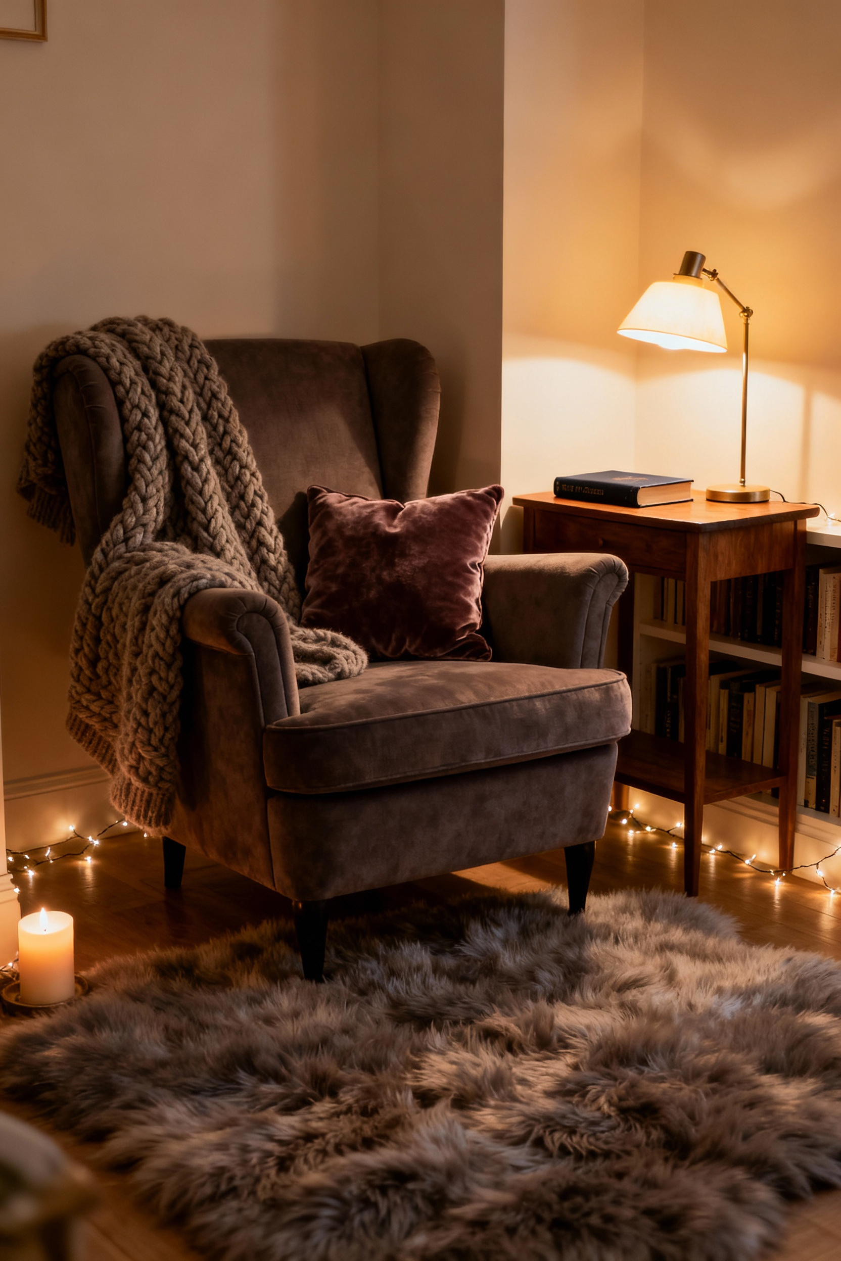 Cozy Hygge micro-nook with plush armchair, soft throw, warm lighting, and books, designed for personal reflection in a living room.
