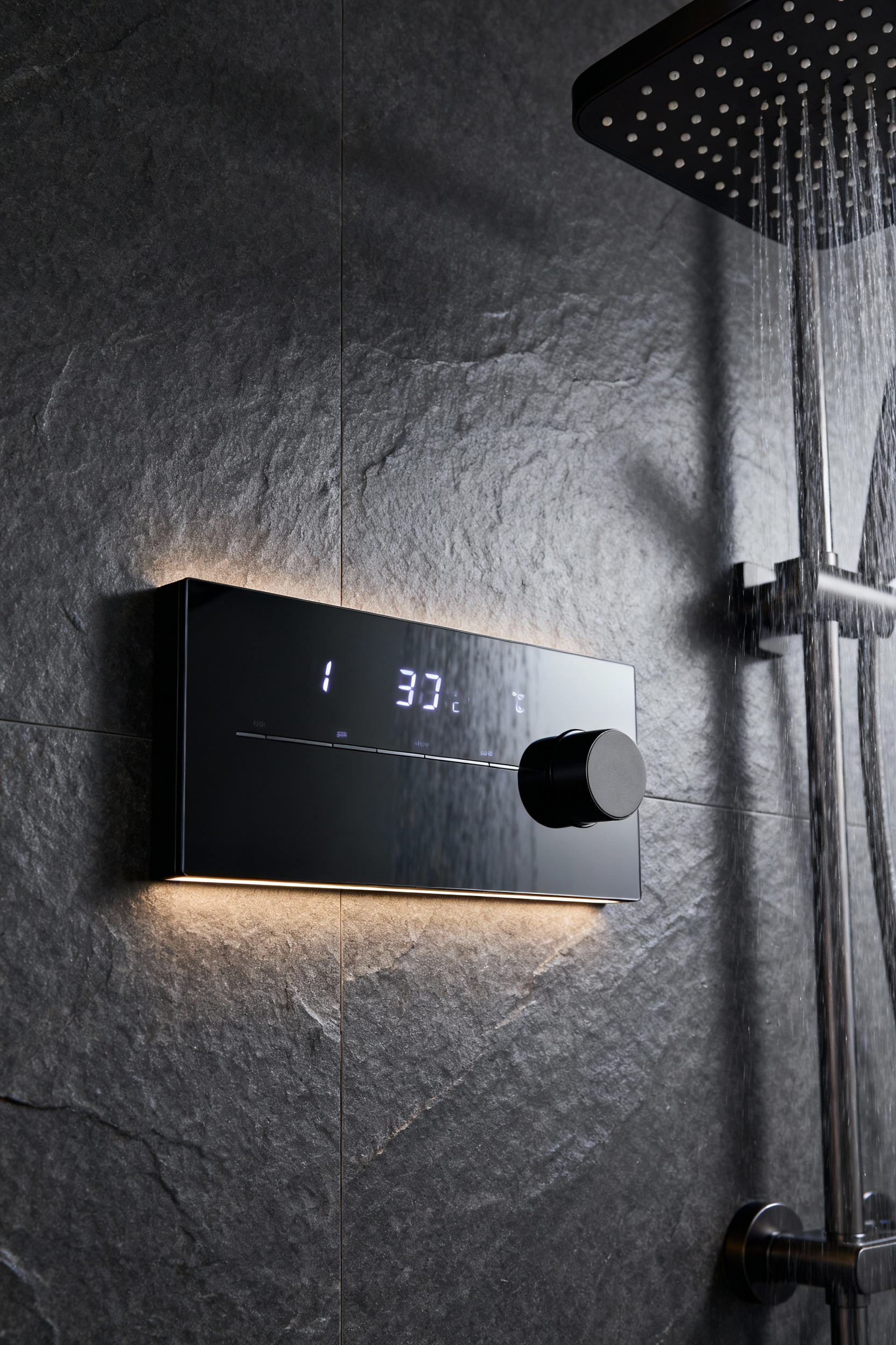 A close-up of a modern, minimalist integrated digital shower control panel, flush-mounted into a dark slate bathroom wall, displaying illuminated water temperature and flow settings. The shower area is sleek and uncluttered.