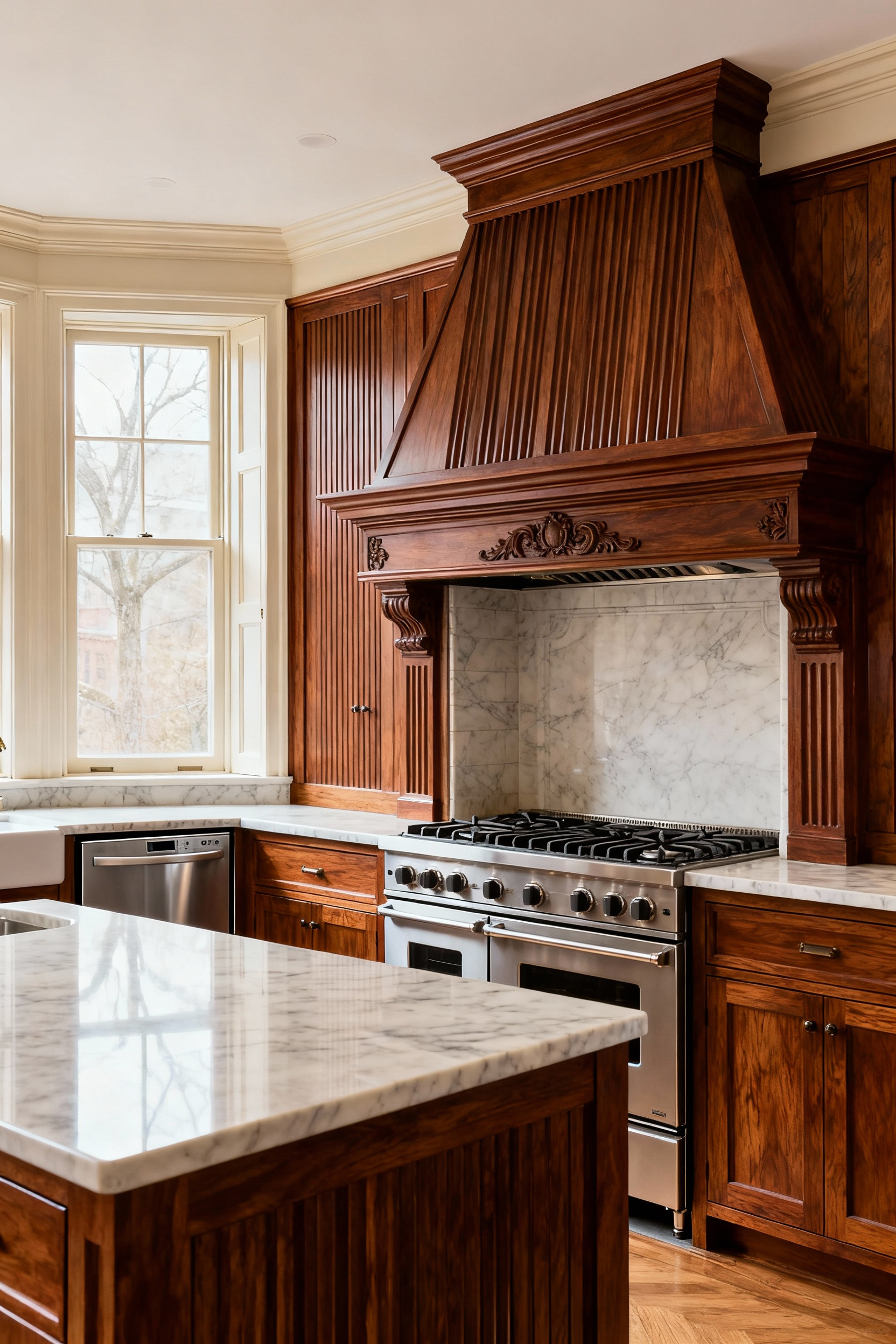 A historic kitchen showcasing perfectly integrated modern professional-grade appliances hidden behind custom period-matching cabinetry, featuring a subtle range hood and high-end finishes, maintaining a timeless aesthetic.