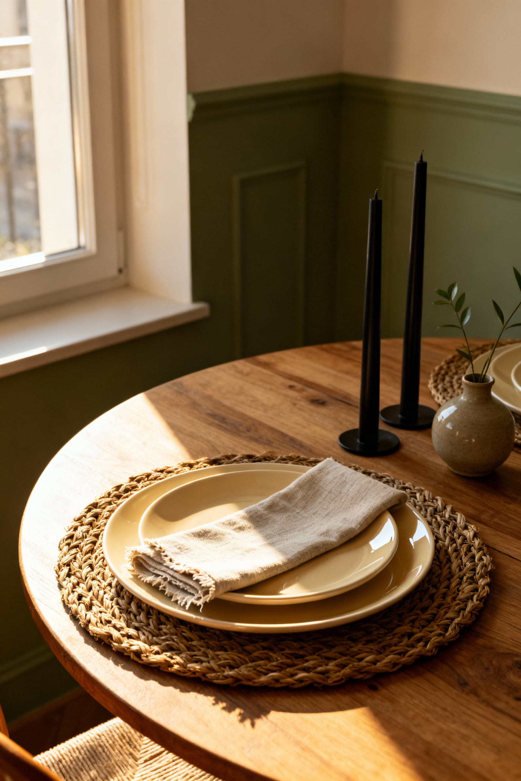 A photograph of a small, round dining table utilizing layered textures for vertical dimension, featuring rough woven seagrass placemats beneath smooth cream ceramic plates in an elegant, cozy space.