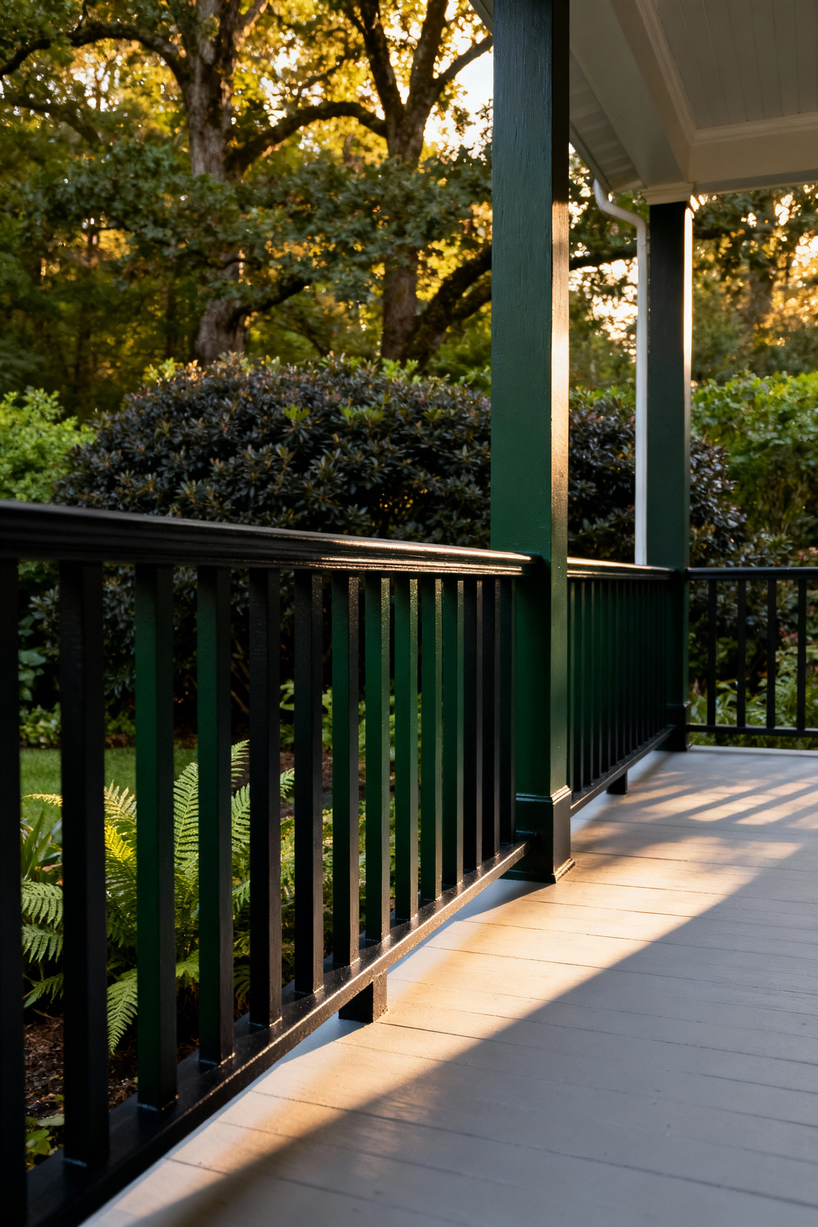 A wide shot of a traditional wooden porch featuring a deep, flat forest green railing that visually disappears or dissolves into the dense, shaded garden and foliage background.