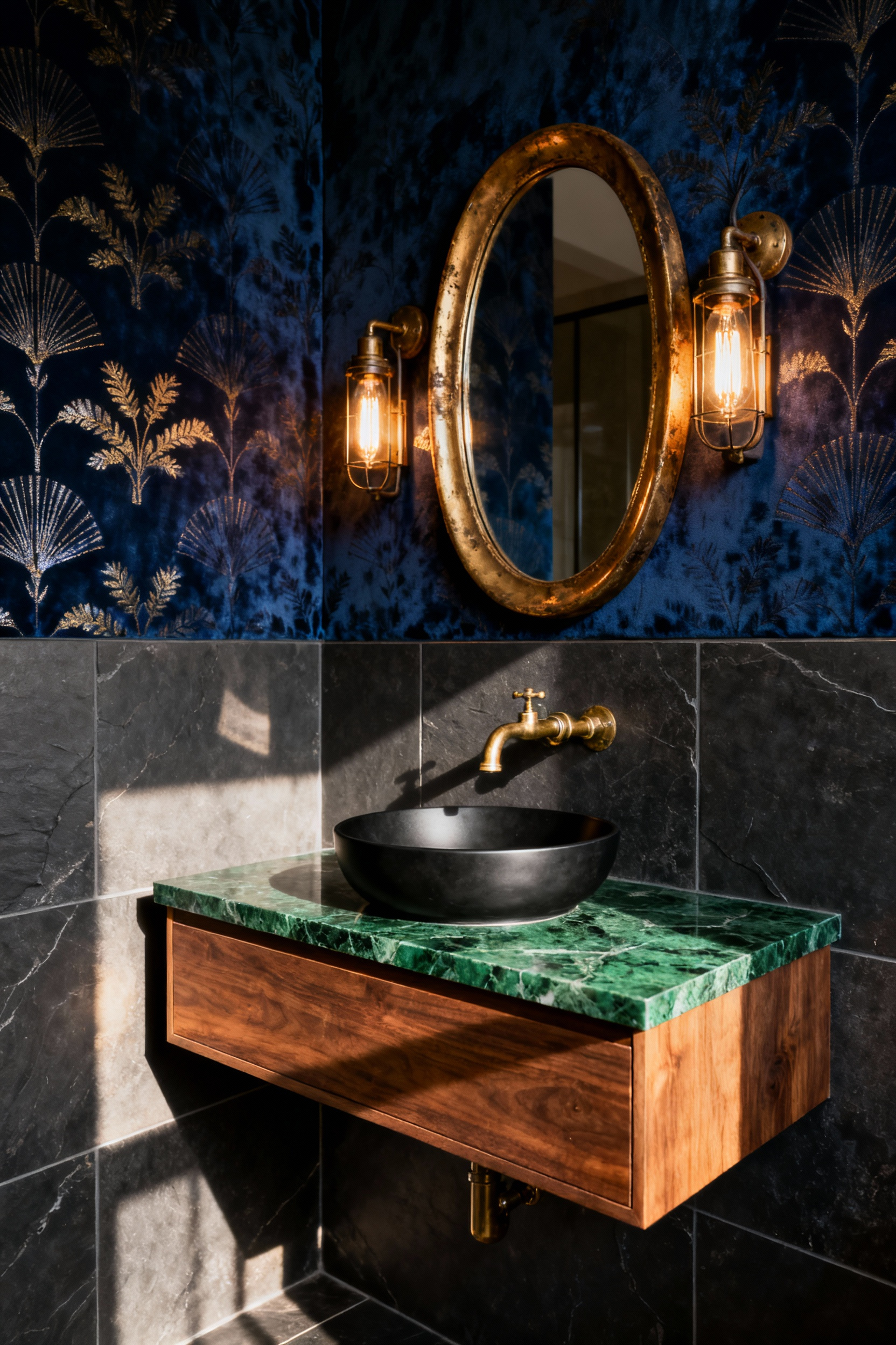 A small, luxurious powder room designed with dark midnight blue and gold geometric wallpaper, a walnut vanity, and emerald marble countertop, demonstrating the dramatic 'Jewel Box' design philosophy.