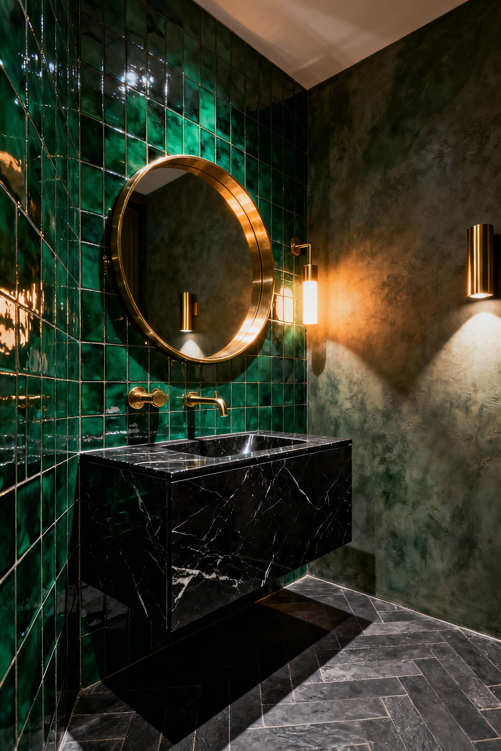 A dramatic jewel box small bathroom featuring deep emerald green textured Zellige tiles, a black marble floating vanity, and bright brass fixtures under warm backlighting.