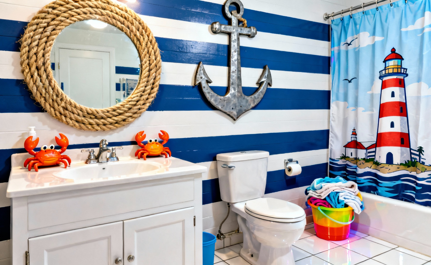A full view photograph of a coastal bathroom overwhelmed by thematic kitsch, including rope-wrapped mirrors, bright blue stripes, and a large anchor decal above the toilet, demonstrating mass-produced theme decor.