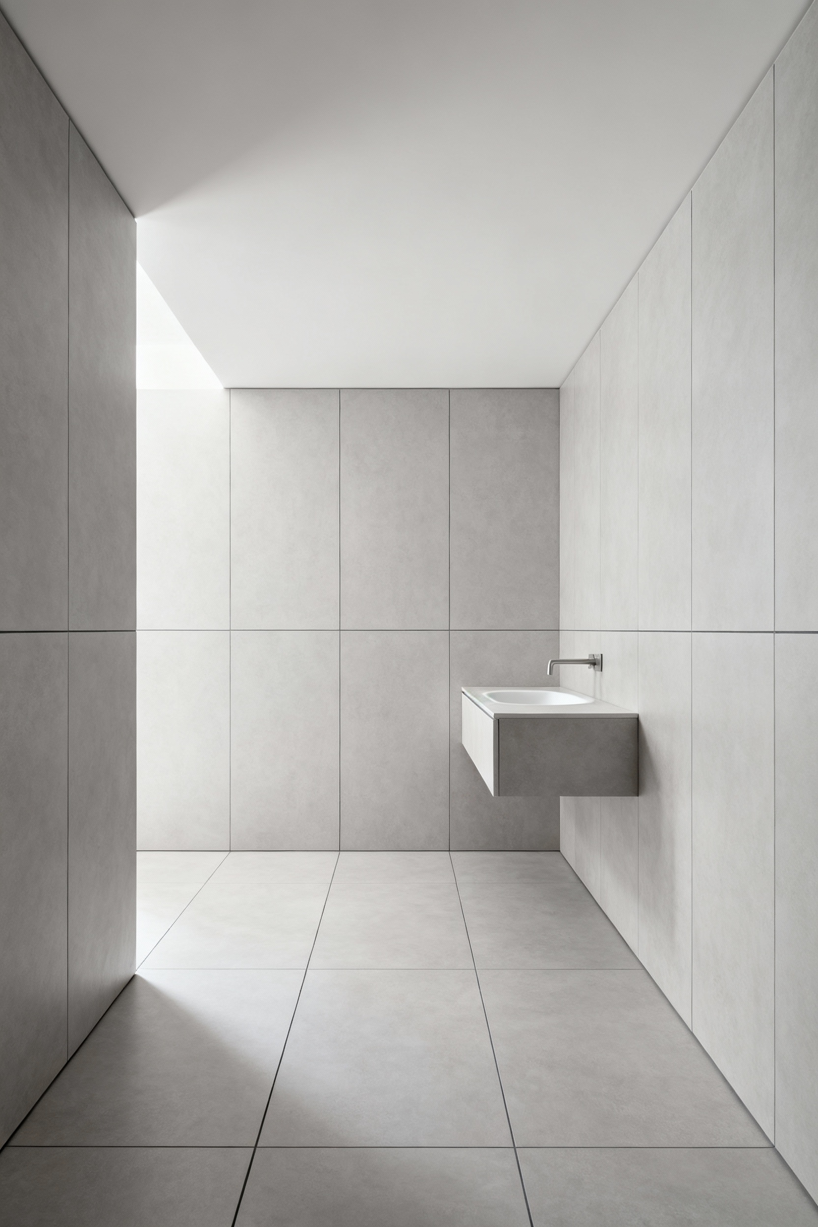 Modern bathroom featuring seamless floor-to-ceiling large-format grey porcelain tiles, creating an expansive and tranquil visual flow. The minimalist design includes a floating vanity, emphasizing clean lines and a spa-like atmosphere.