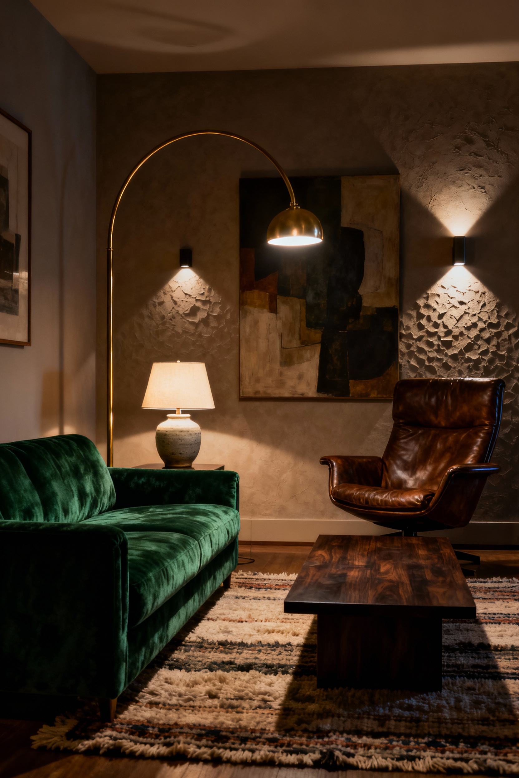 A warmly lit cozy living room showcasing layered lighting from floor lamps, table lamps, and wall sconces, demonstrating ambient, task, and accent lighting techniques without relying on harsh overhead fixtures.