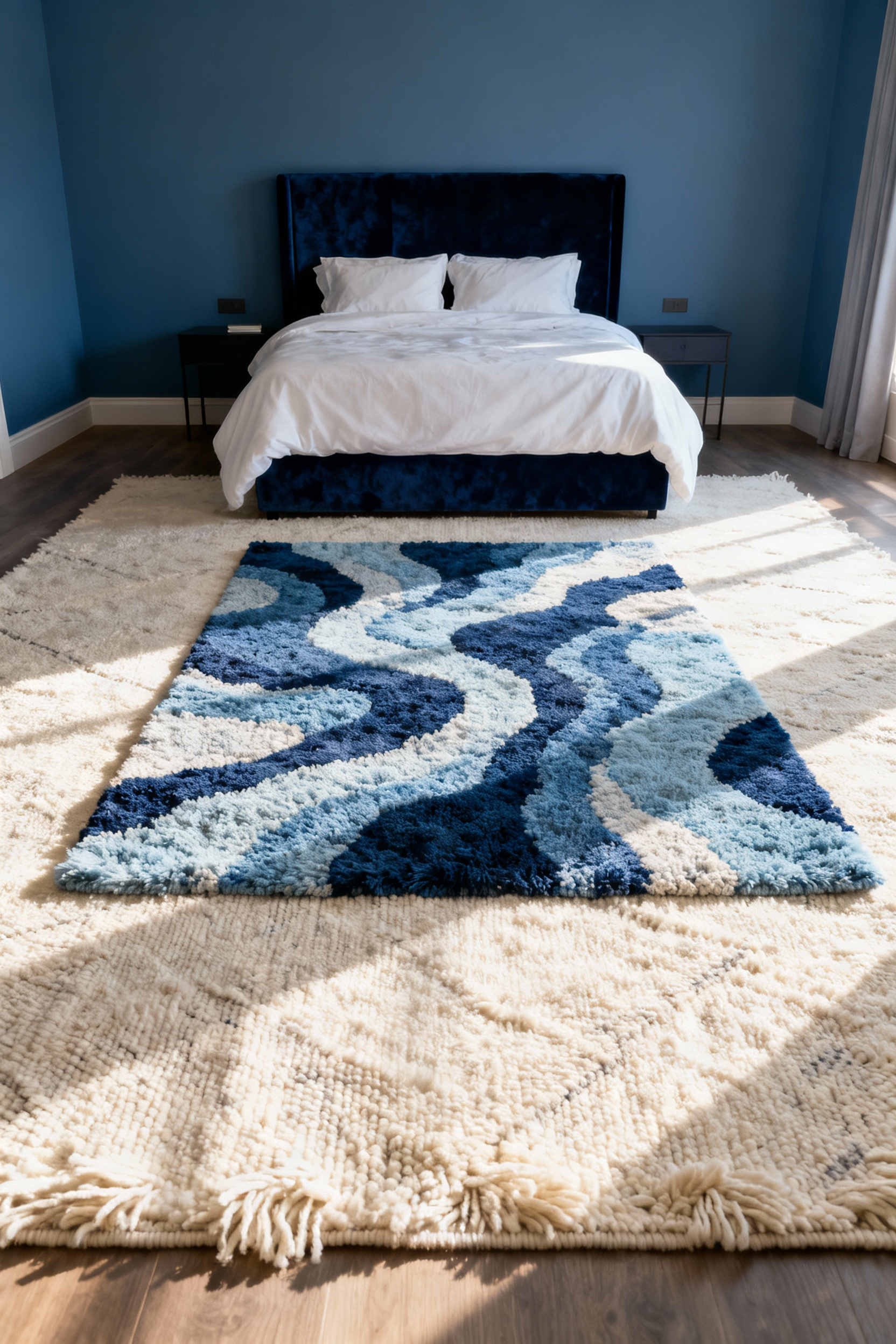 A high-angle view of a serene slate blue bedroom featuring a dual-layer arrangement of wool rugs. A large ivory Berber rug serves as the base, overlaid by a smaller, thick indigo and blue patterned wool rug anchoring the foot of the bed, emphasizing texture and warmth.