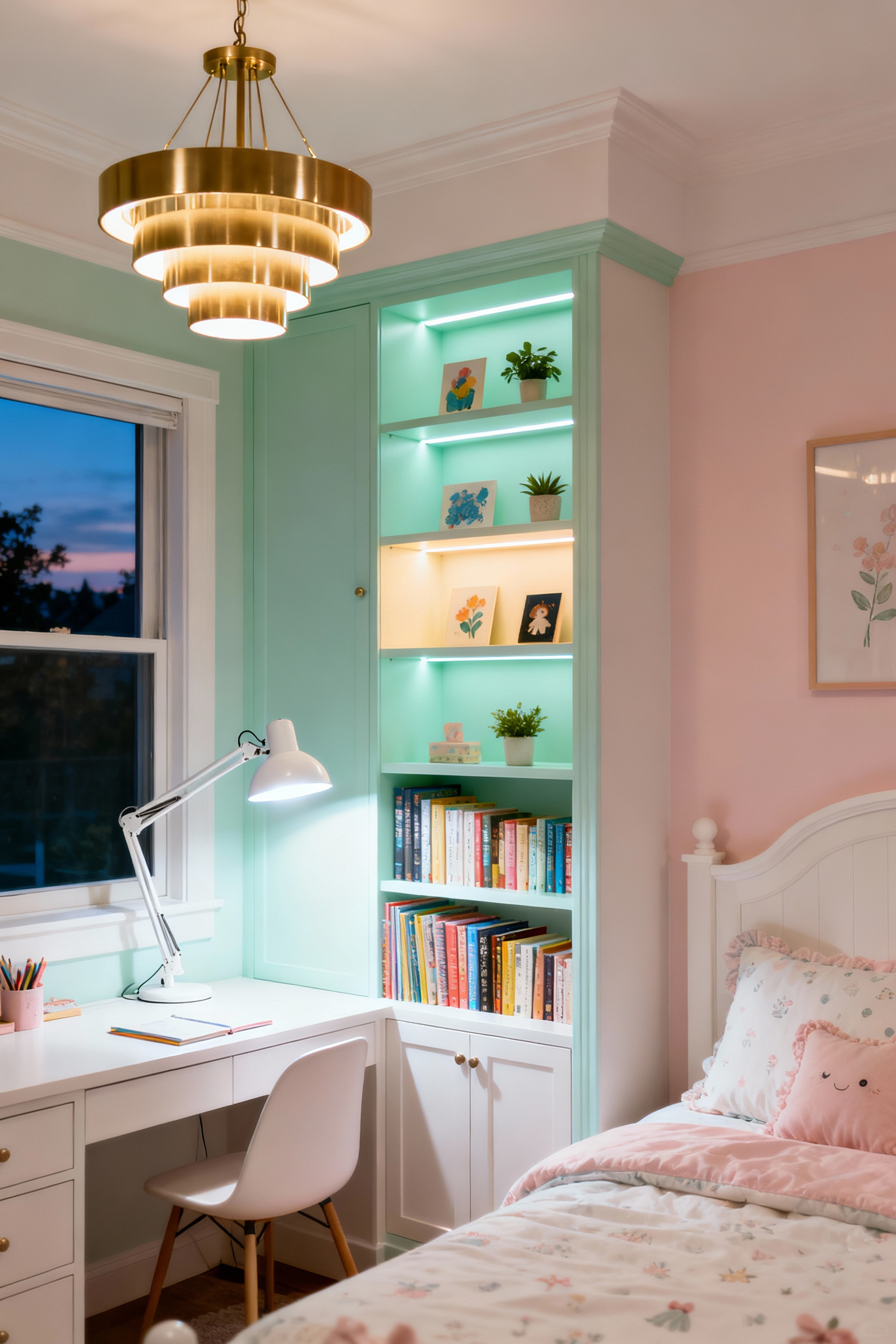 A girl's bedroom showcasing layered lighting: a chandelier for ambient light, an architect desk lamp for task lighting, and LED strips for accent lighting above shelving.