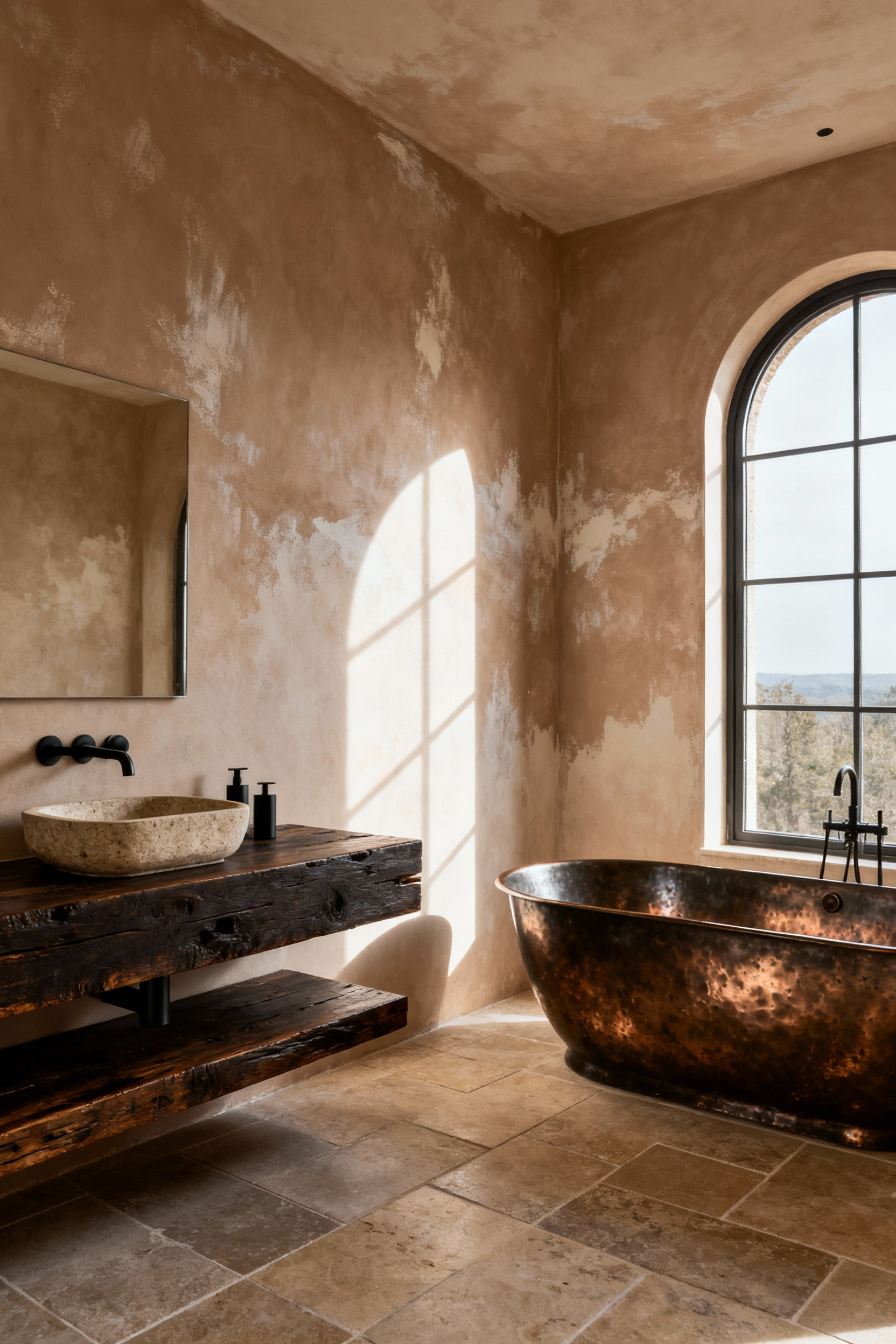 Elevated rustic bathroom showcasing walls treated with a textured griege limewash finish, contrasted by a reclaimed wood vanity and a freestanding dark bronze tub.