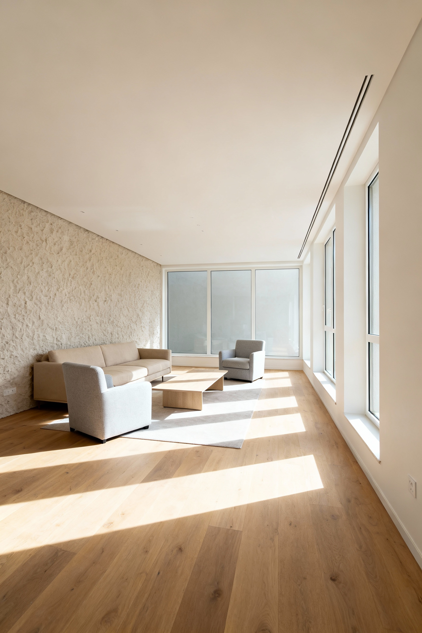 A contemporary living room designed for effortless movement with wide, clear circulation paths between minimalist furniture and natural light creating an open, inviting atmosphere.